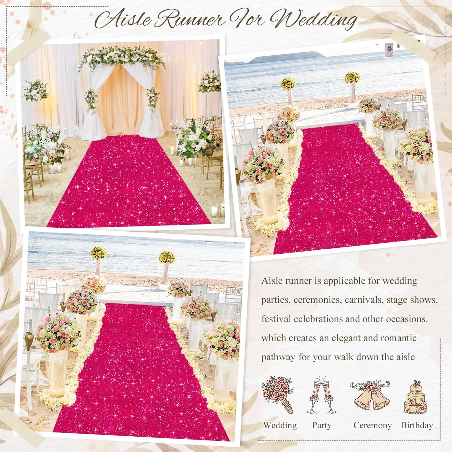 MODFUNS Sequins Aisle Runner for Wedding Ceremony Hot Pink Aisle Runner Rug 4FTx15FT Glitter Wedding Carpet Runners Outdoor Sparkling Hallway Rug for Party Reception Reception Decor