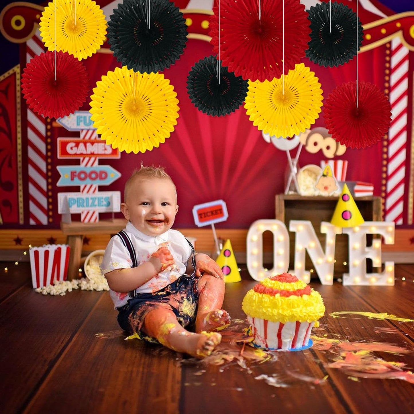 18 Pcs Black Red Yellow Hanging Honeycomb Paper Fans, Round Paper Fan Decorations for Weddings, Birthdays, Bachelorette, Photo Booth Backdrops, Baby Shower, Anniversary Events Party Supplies