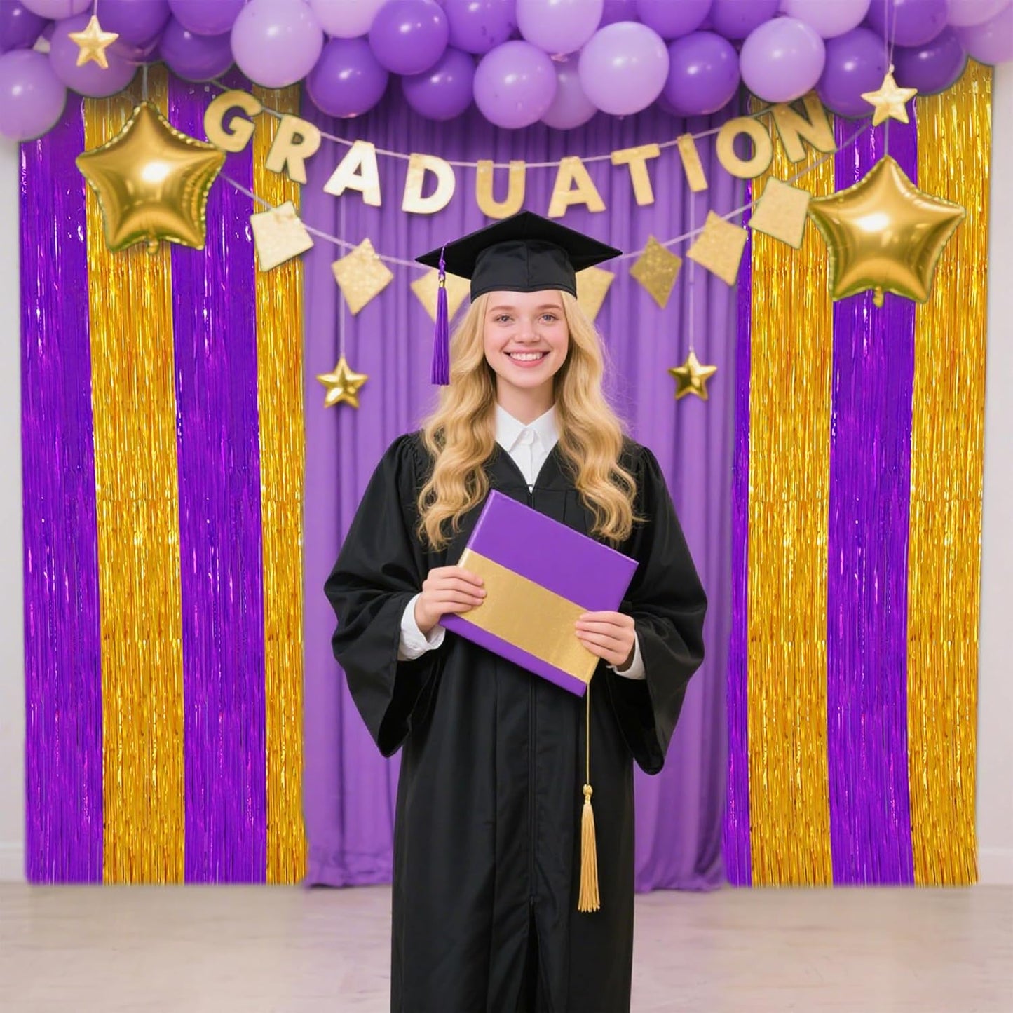 TONIFUL 2Pcs Purple Gold Door Streamers,Green Photo Booth Backdrop,Metallic Streamers Green Foil Fringe Curtains for Birthday,Christmas,New Year,St. Patrick's Day Party Streamers Decor