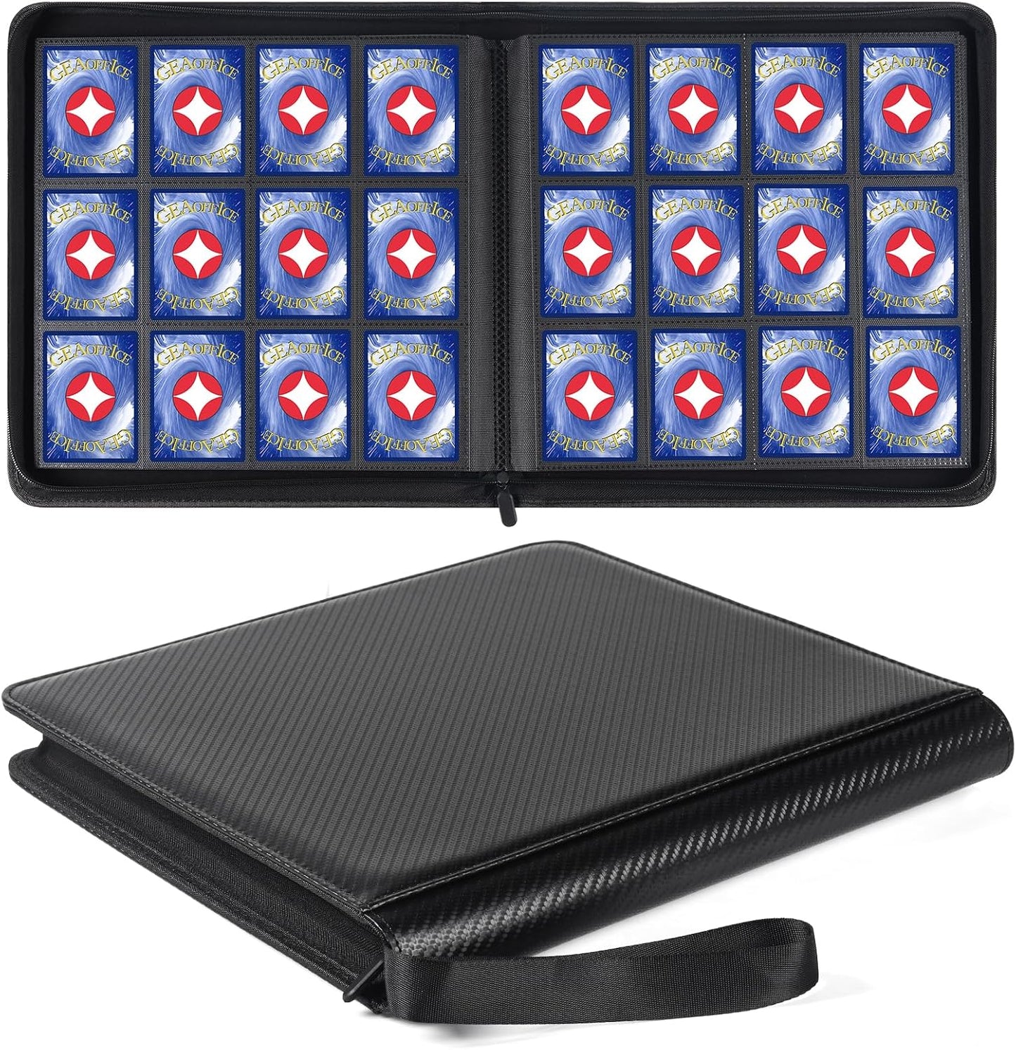 GEAoffice Trading Card Binder 12 Pocket Hold 720 Cards, Premium PU Cover Zipper Collection Binder, Ringless Side Loading Card Album Folder for YuGiOh, MTG, TCG, Game & Sports, Non-PVC, Carbon Black