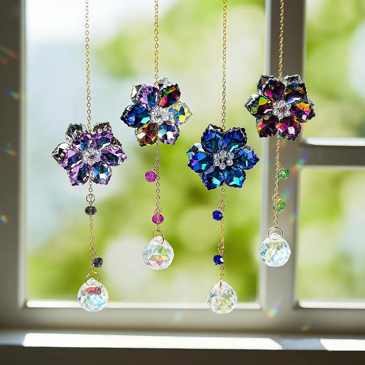 HDCRYSTALGIFTS 4pcs Crystal Flower Suncatchers for Window Hanging Ornaments, Rainbow Maker Crystal Sun Catchers Indoor Window Outdoor Patio Garden Decor Gifts (Multicolor)
