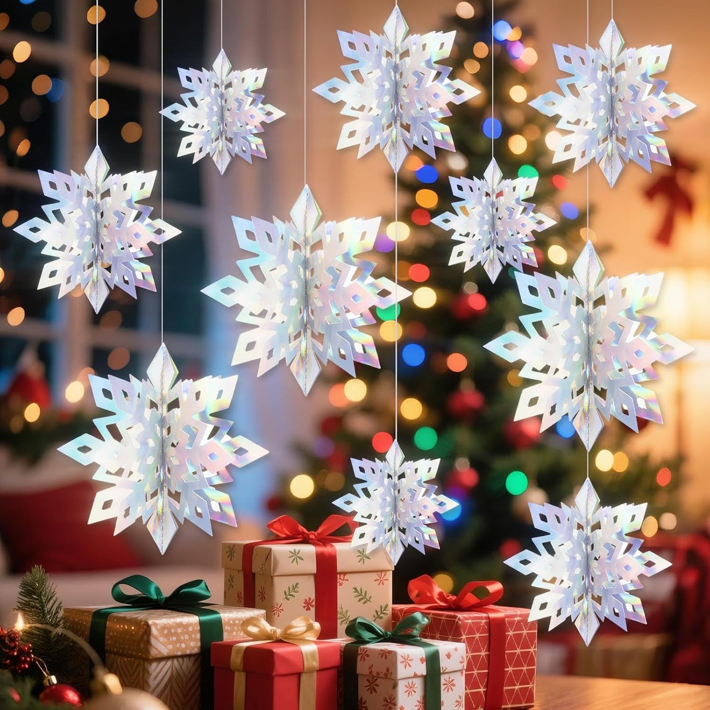 Benbilry 3D Hanging Snowflake Decorations for Christmas Tree, 24pcs 3 Size Winter Wonderland Decorations for Frozen Birthday Party, Christmas Home Decor - Iridescent