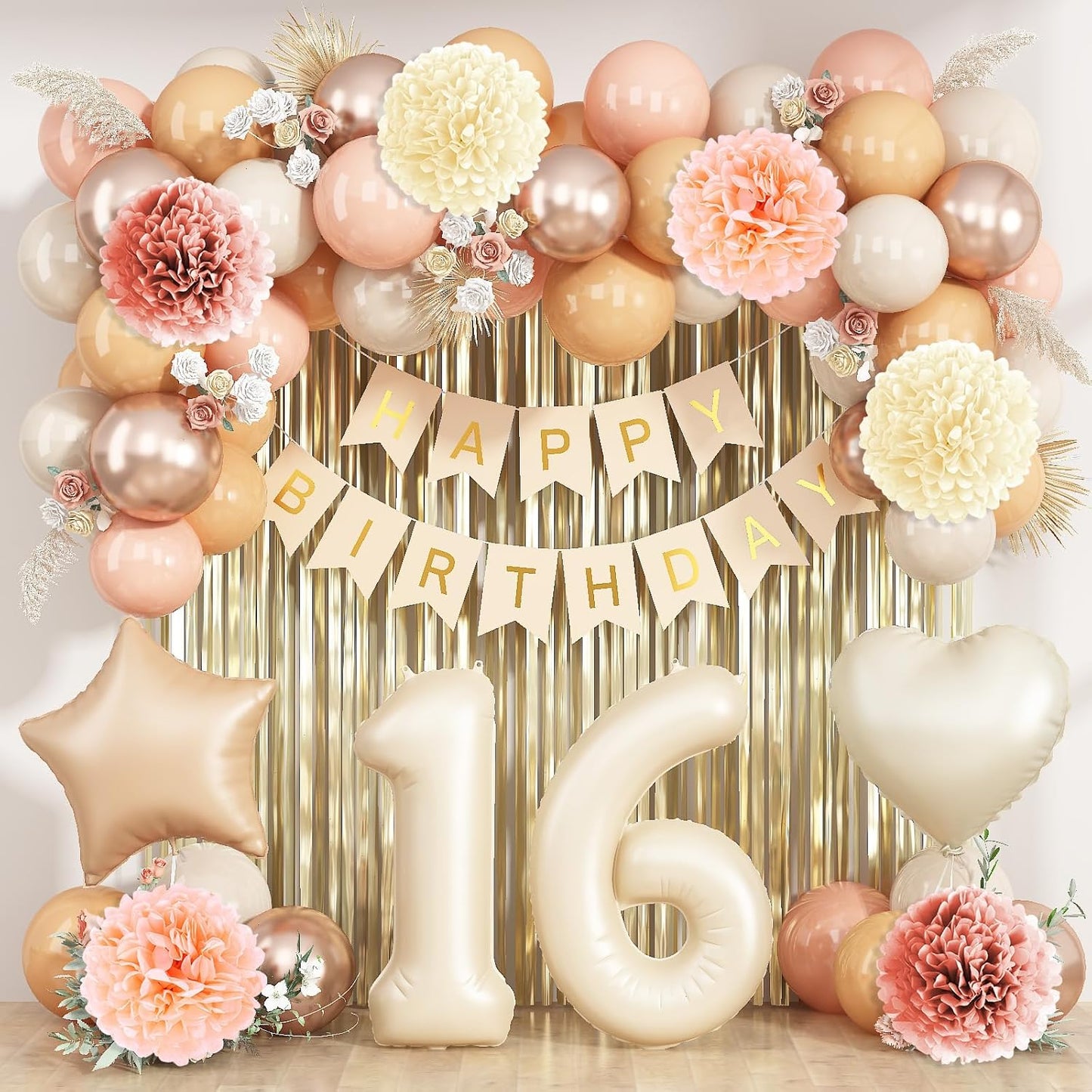 Beige 16th Birthday Decorations Girls Boys Cream Number 16 Balloon Nude Gold Happy Birthday Banner Fringe Curtain Paper Pom Poms Blush White Sand Champagne Star Foil Balloons Neutral Boho Party Decor