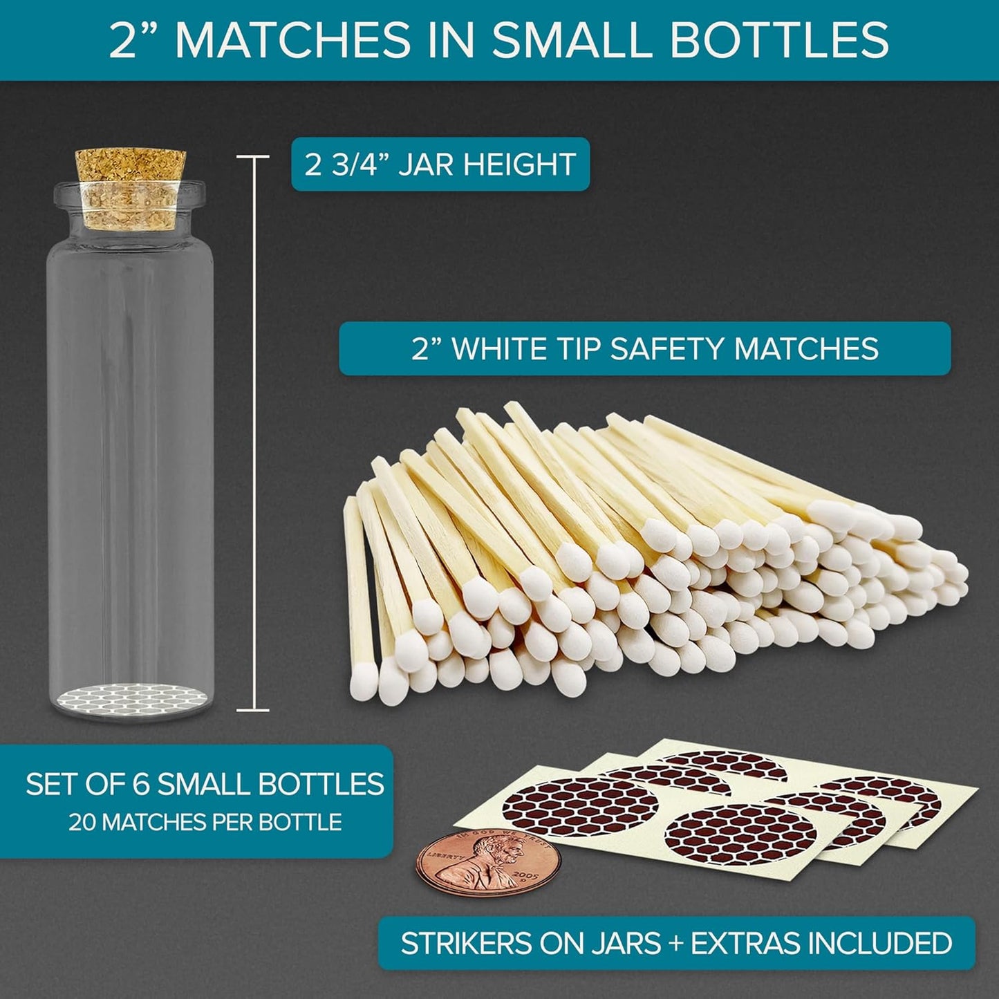 2" Classic White Tip Safety Matches | 6 Glass Bottles Each with Cork Top, Striker & 20 Matchsticks by Thankful Greetings (120+ Total) | Decorative Unique & Fun Artisan Set for Home, Gifts, & Events