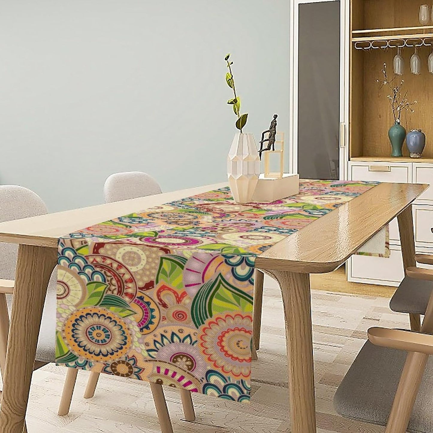 Boho Floral Table Runner,Retro Bohemian Flower Table Runner for Kitchen Dining Table Home Party Decoration 13x90 Inch