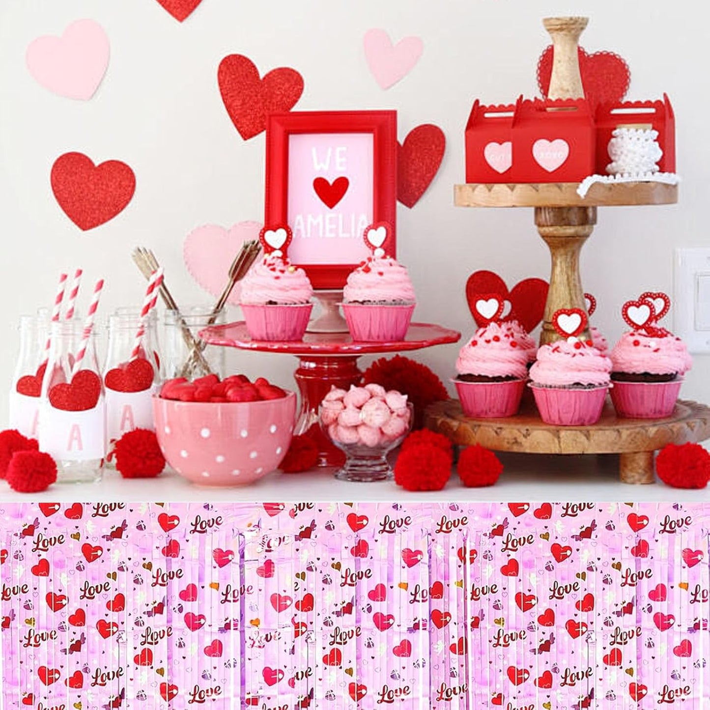 6 Pack 29 x108 Inch Love Pink Wave Foil Fringe Table Skirts Metallic Banner for Tinsel Streamer Garland Backdrop for Parade Floats, Mother's Day, Easter, Wedding, Birthday Party Decoration