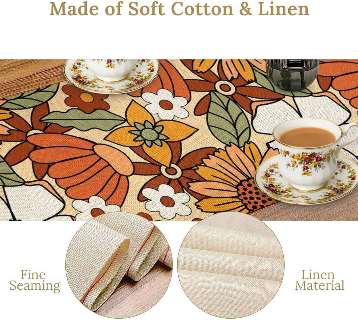 Vintage Floral Table Runner,Boho 70s Style Retro Flower Table Cloth Kitchen Dining Table Home Party Decoration 13x120 Inch