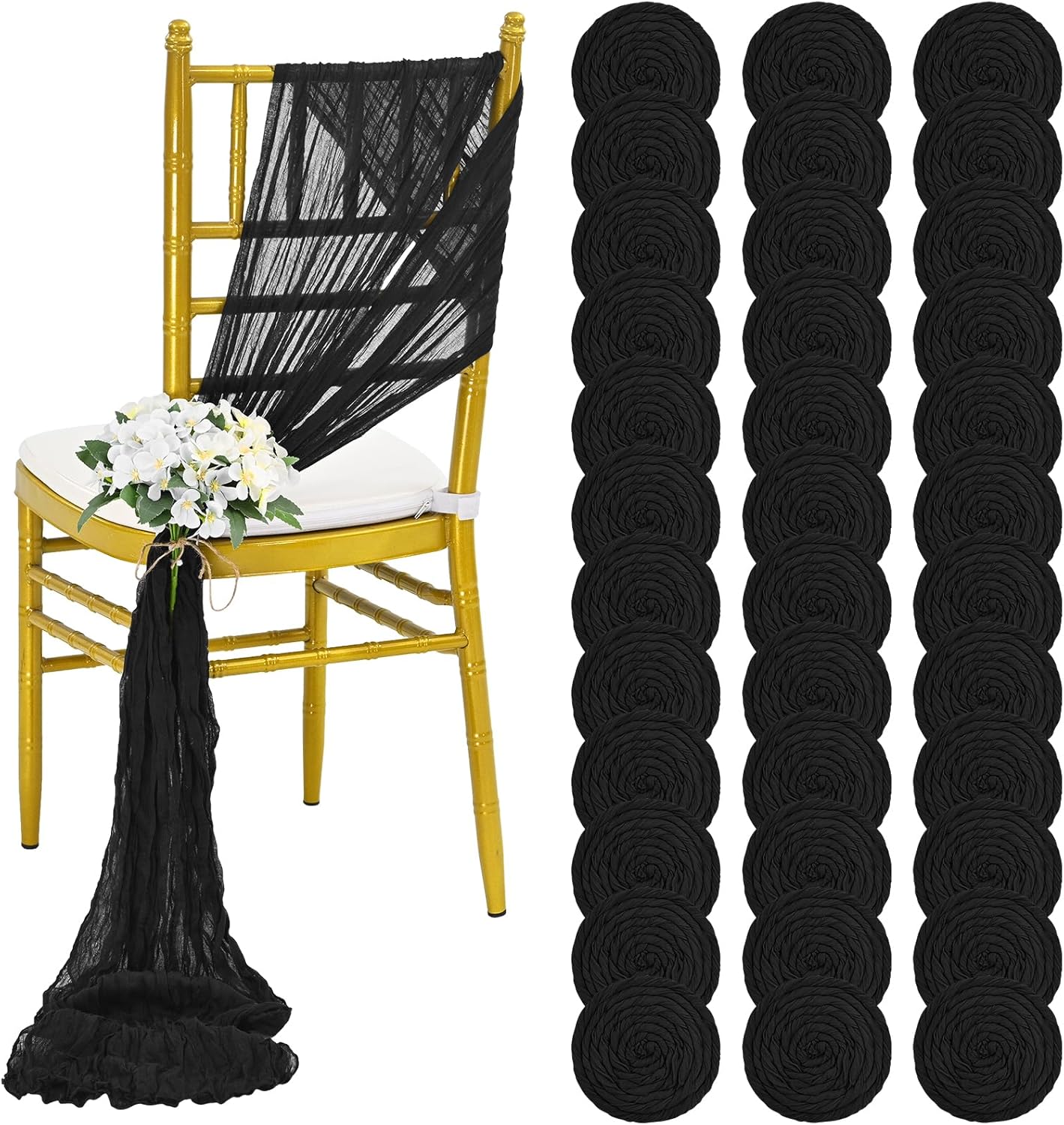 36 Pcs Black Cheesecloth Chair Sashes, 16 x 108 inch Gauze Fabric Washable Chair Sashes Bows Designed for Aisle Decorations Universal ChairCover Decor for Wedding Reception Party Banquet