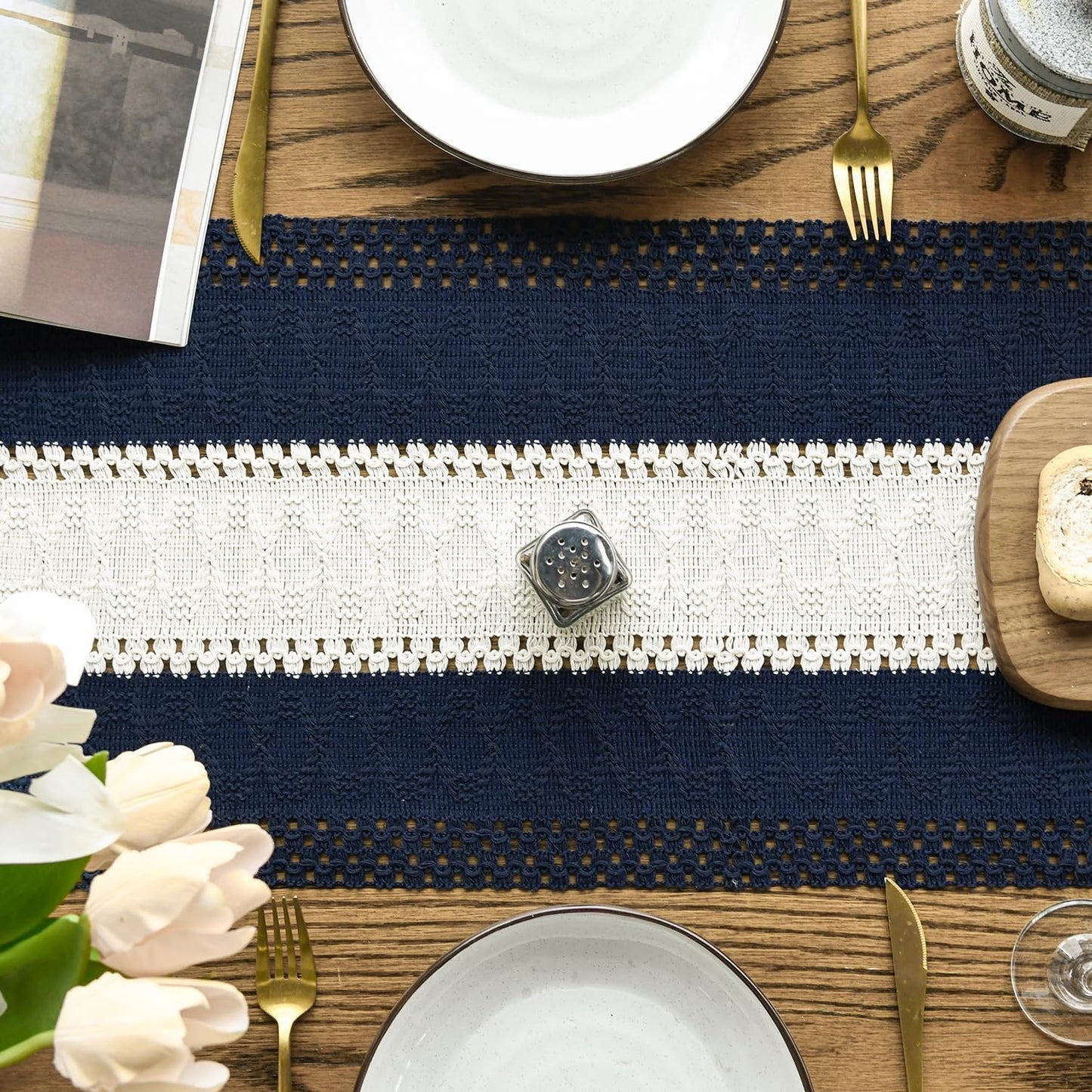 Artoid Mode Dark Blue Farmhouse Rustic Table Runner, Seasonal Hollow Kitchen Dining Table Decoration for Home Party Decor 12x36 Inch