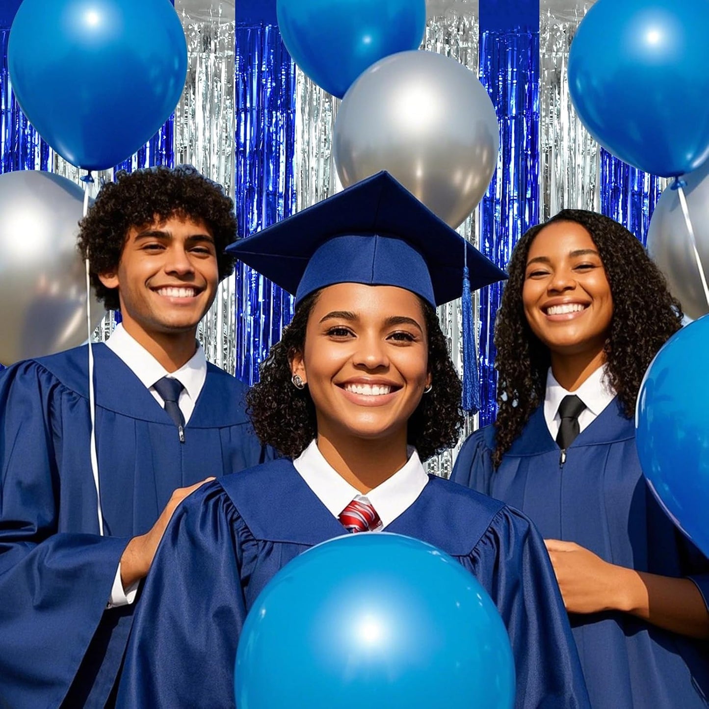 BEISHIDA 2Pcs Blue Silver Door Streamers Congrats Grade 2025 Decoration Backdrop Foil Fringe Tinsel Party Streamers Curtains for Birthday Graduation Winter Party Decoations (3.28 ft x 6.56 ft)