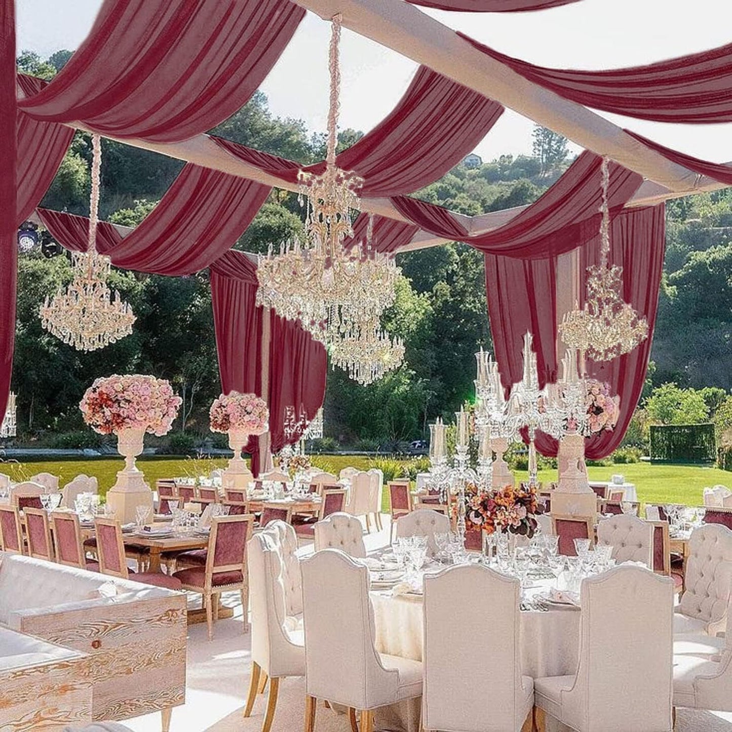 MODFUNS Burgundy Ceiling Drapes for Weddings 5FTx20FT 2 Panels Sheer Wedding Arch Draping Chiffon Fabric Ceiling Drapery Arbor Archway Drapes Tulle Curtains for Ceremony Swag Wedding Decorations