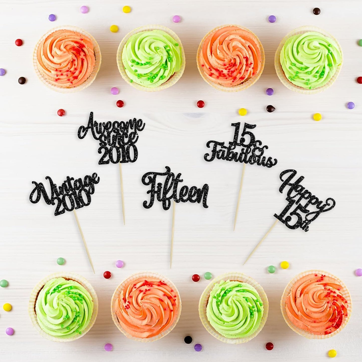 30Pcs Happy 15th Birthday Cupcake Toppers Glitter Fifteen Vintage 2010 Cupcake Picks Cheers to 15 Fabulous Cake Decorations for 15th Birthday Wedding Anniversary Party Supplies Black