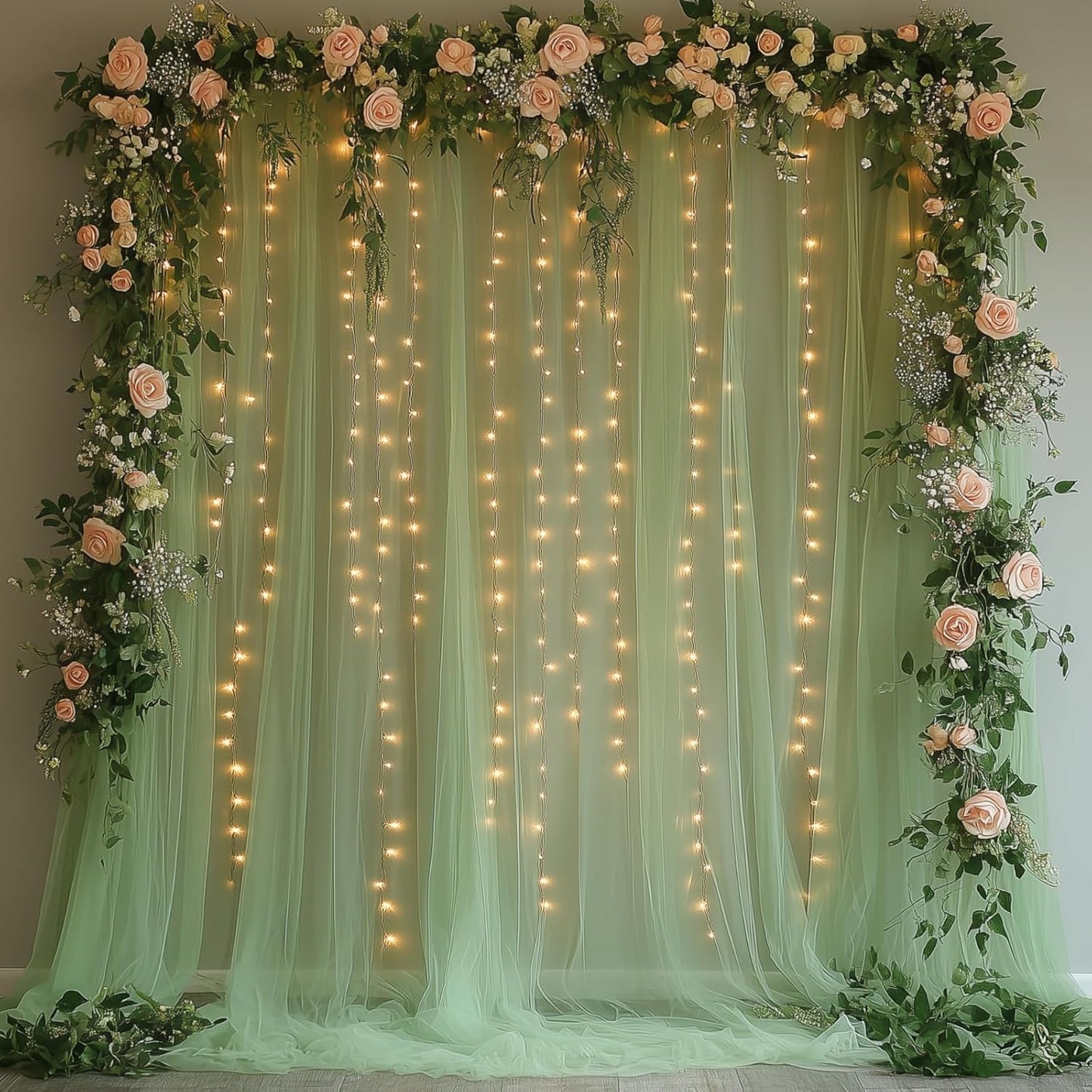 10x10ft Green Tulle Backdrop Curtain with String Lights, Wrinkle-Free Sheer Wedding Backdrop for Birthday Parties, Baby Showers, Bridal Showers, Photo Shoots and Home Decorations, Green