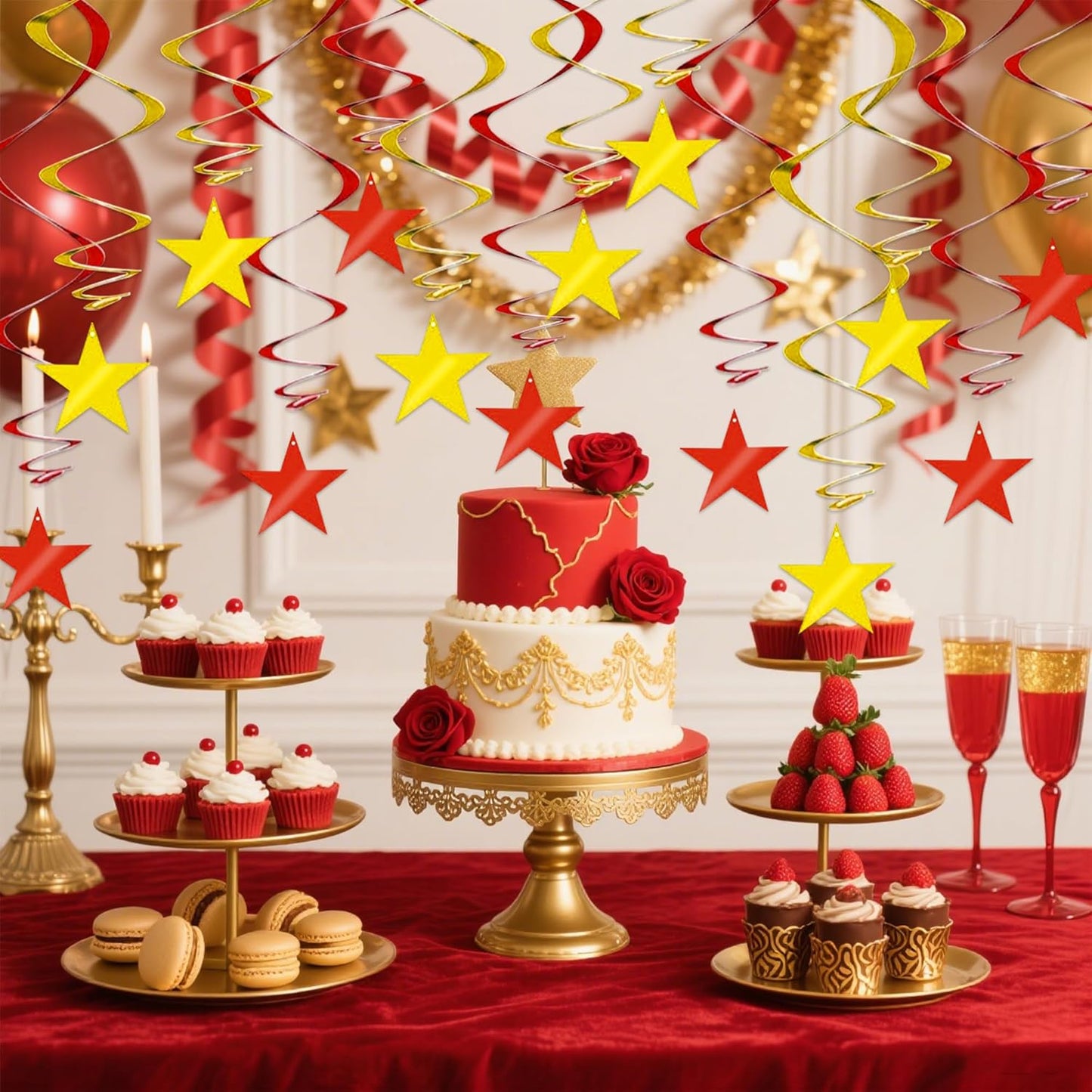 BEISHIDA Red Gold Star Hanging Swirl Decorations, Christmas Party Supplies for Birthday Graduation Wedding Christmas Decorations,Pack of 15