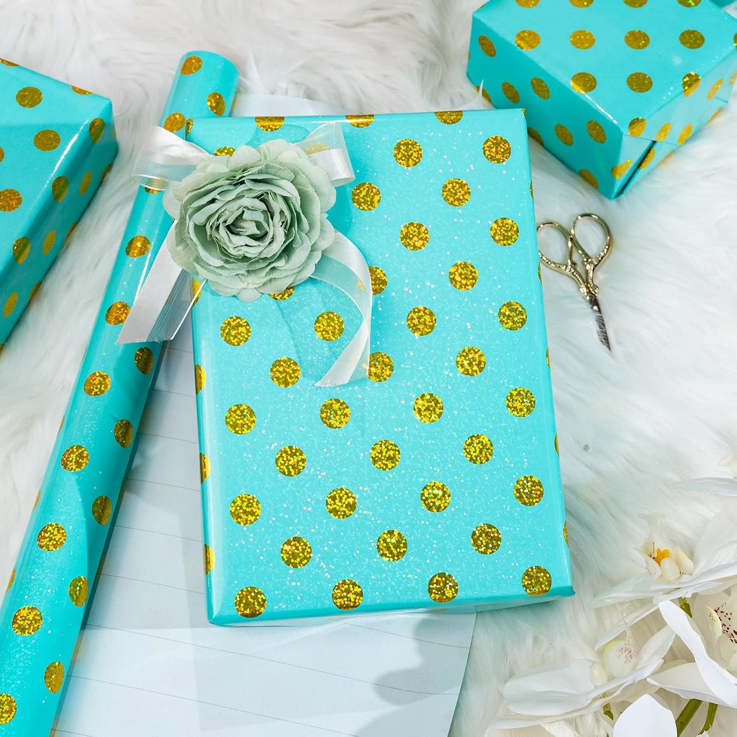 Burymento Blue Holographic Dots Wrapping Paper, Reversible Gold Gift Wrap for Birthday, Valentines, Mothers day, Graduation, Wedding, Fathers day, Baby Shower, Christmas (17in x 16.4ft)