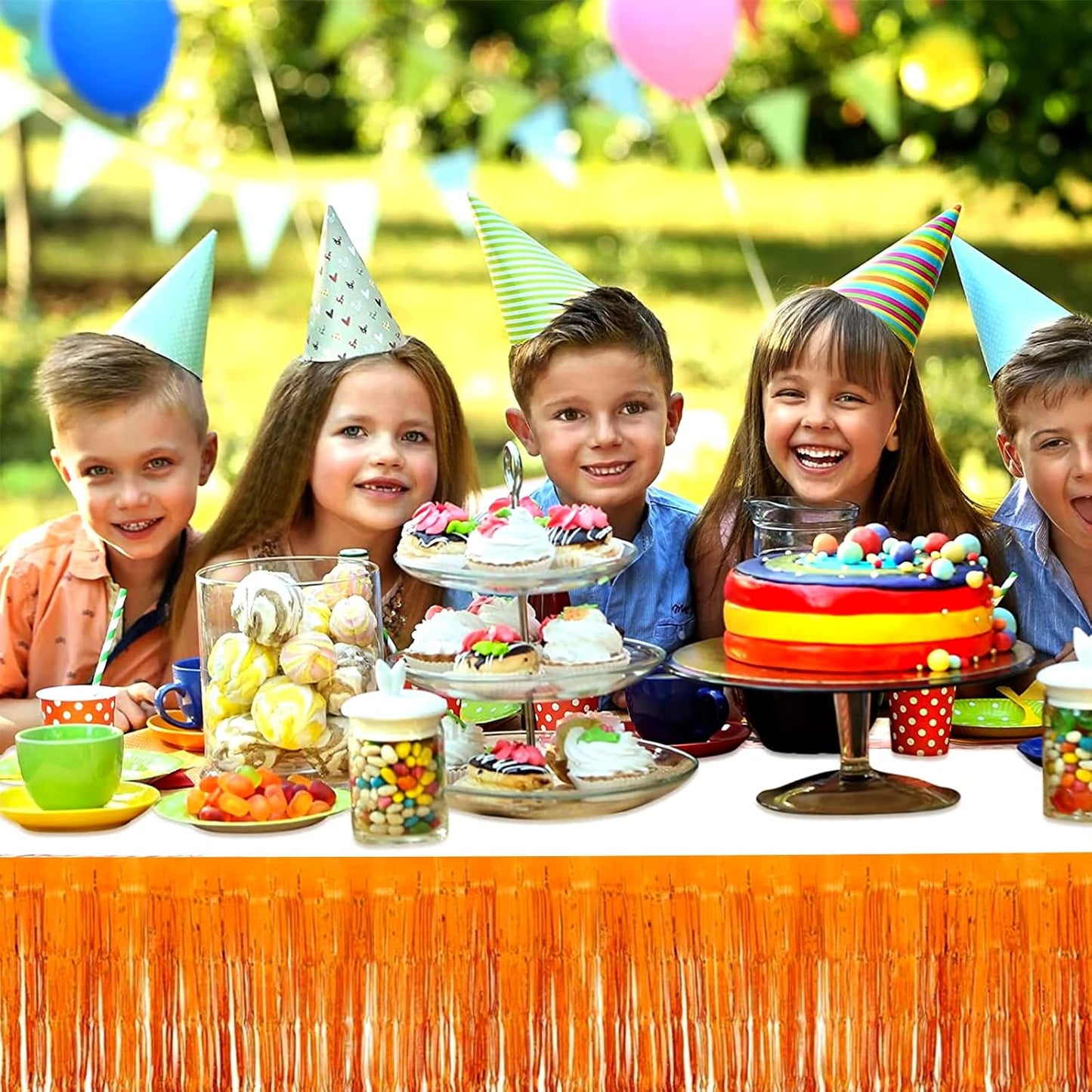 4 Pack 29x108 Inch Metallic Foil Fringe Tinsel Table Skirts for Rectangle Tables Streamer Curtains Backdrop for Wedding, Birthday, Parade Floats, Christmas, Halloween Party Decoration(Orange)