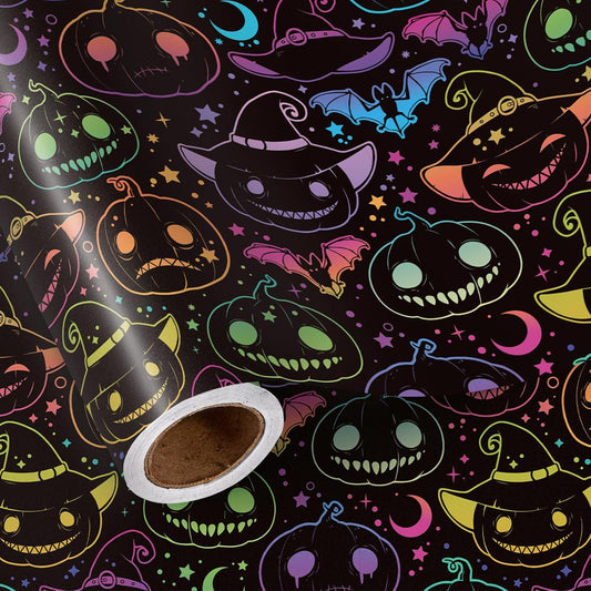 LeZakaa Halloween Pumpkin Wrapping Paper Roll, Neon Pumpkin Witch Hat Bat Pattern in Black, Glow-Like Gothic Kawaii Style Gift Wrap for Spooky Party & Candy Bags, Mini Roll 17 in x 16.4 Ft