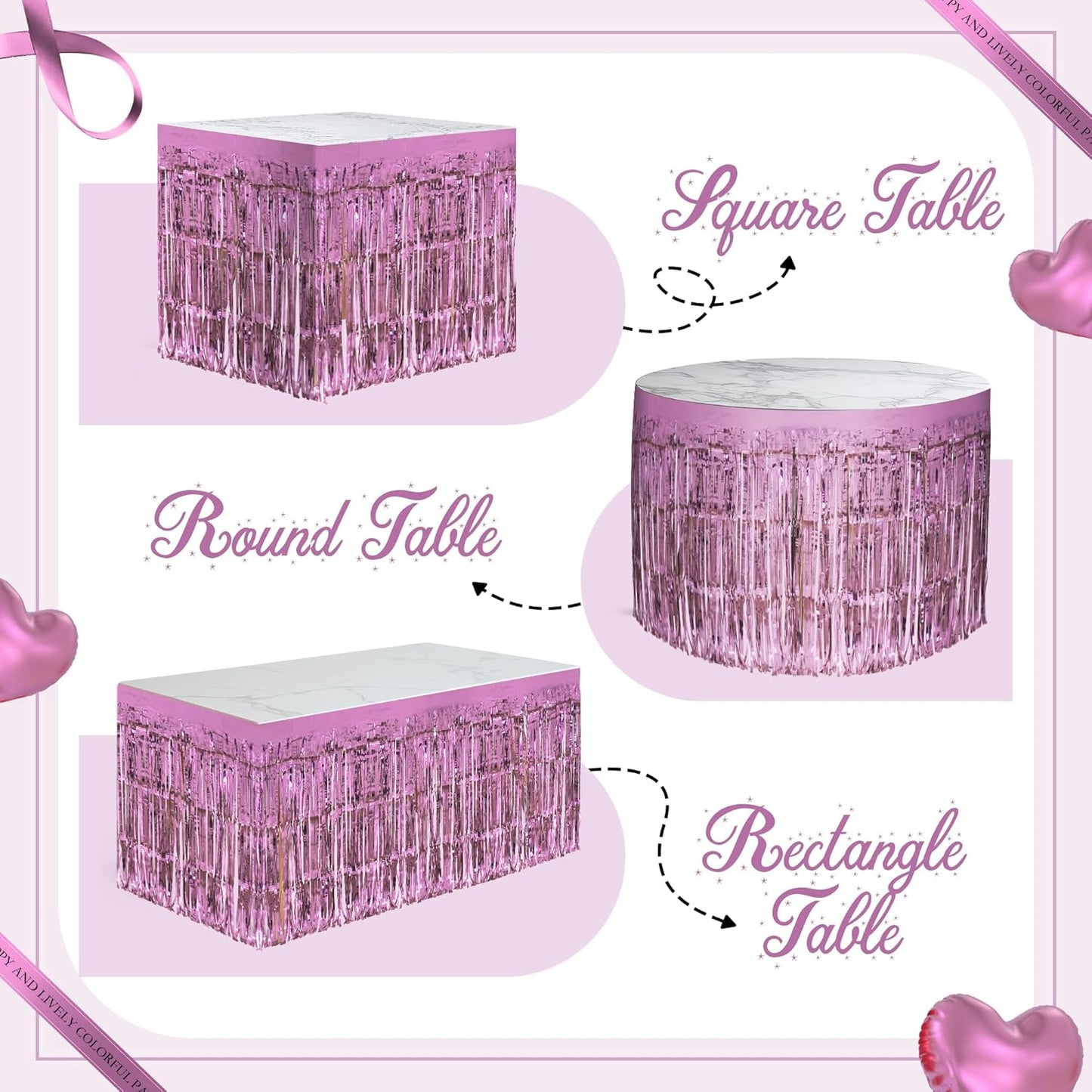 8 Pack Pink Table Skirts, 29x108" Metallic Foil Tinsel Fringe Table Skirts for Rectangle Tables Streamer Curtains Backdrop, Party Decorations for Birthdays Weddings Holidays