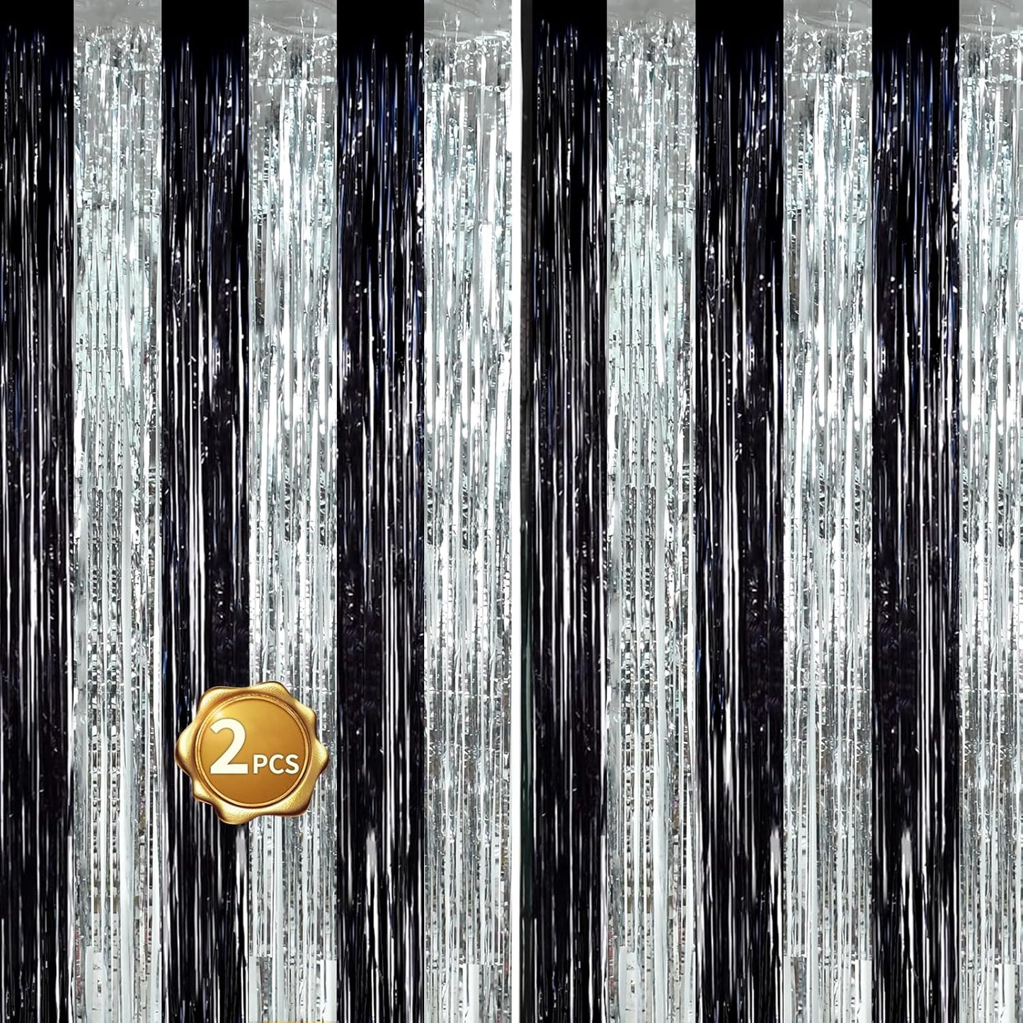 BEISHIDA 2Pcs Black Silver Door Streamers Congrats Grade 2025 Decoration Backdrop Foil Fringe Tinsel Party Streamers Curtains for Birthday Graduation Bachelorette Party Decoations (3.28 ft x 6.56 ft)