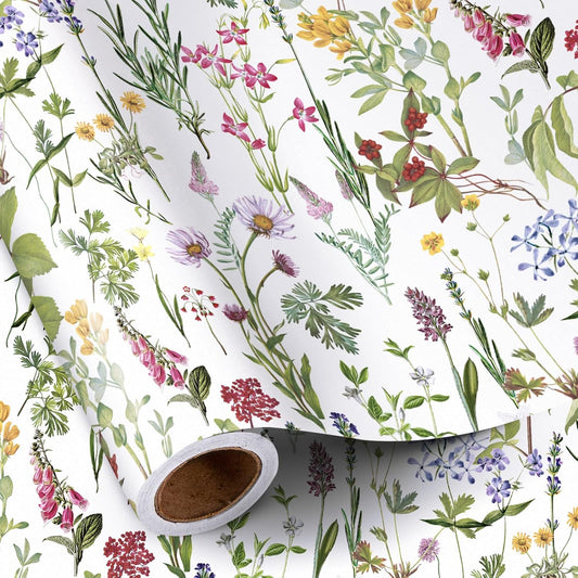 RUSPEPA Floral Wrapping Paper Roll for Women Girls, Mini Roll, Elegant Wild Flower Design Gift Wrap Paper Perfect for Birthdays, Bridal Shower, Spring, Wedding, Mother's Day, 17 Inch x 16.4 Feet