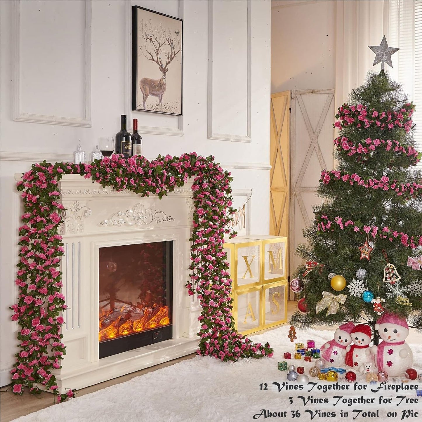 6 Pcs x 8.2 ft Flower Garland Artificial Rose Vine Flowers with Green Leaves Hanging Fake Roses Vine for Room Party Home Wedding Birthday Christmas Wall Arch Decor, Spring Magenta Flower