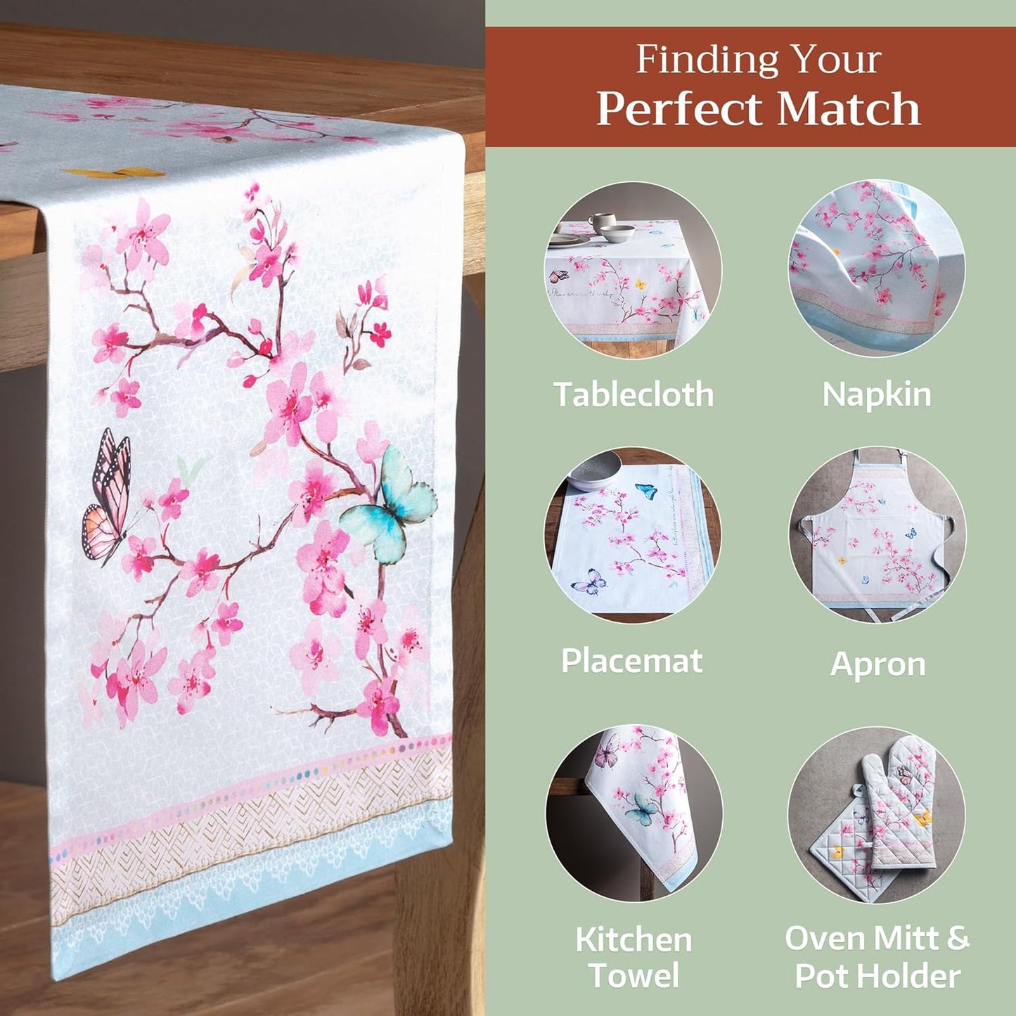 Maison d' Hermine Table Runner 100% Cotton Single Layer Table Runners 108 inches Long Decorative for Home Kitchen Dining Party Wedding Bridal Shower Spring Summer (Blossoms in Spring, 14.50" x 108")