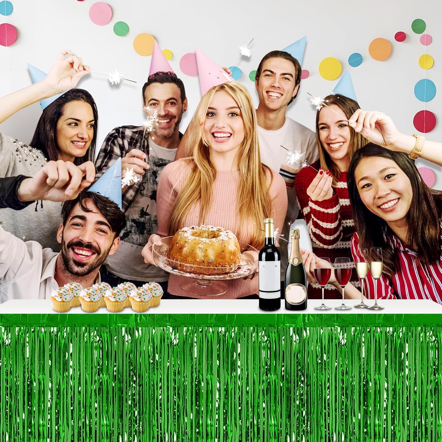 3 Pack 29x108 Inch Green Foil Fringe Table Skirts Metallic Banner for Tinsel Streamer Garland Backdrop for Parade Floats Wedding Thanksgiving Birthday Christmas Halloween Party Decoration