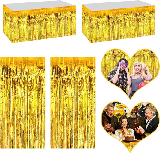 4P Metallic Foil Fringe Tinsel Table Skirts for Rectangle Tables Backdrop Banner Tinsel Streamer Garland Curtains for Parade Floats Wedding Graduation Anniversary Birthday Parties Decoration (Gold)