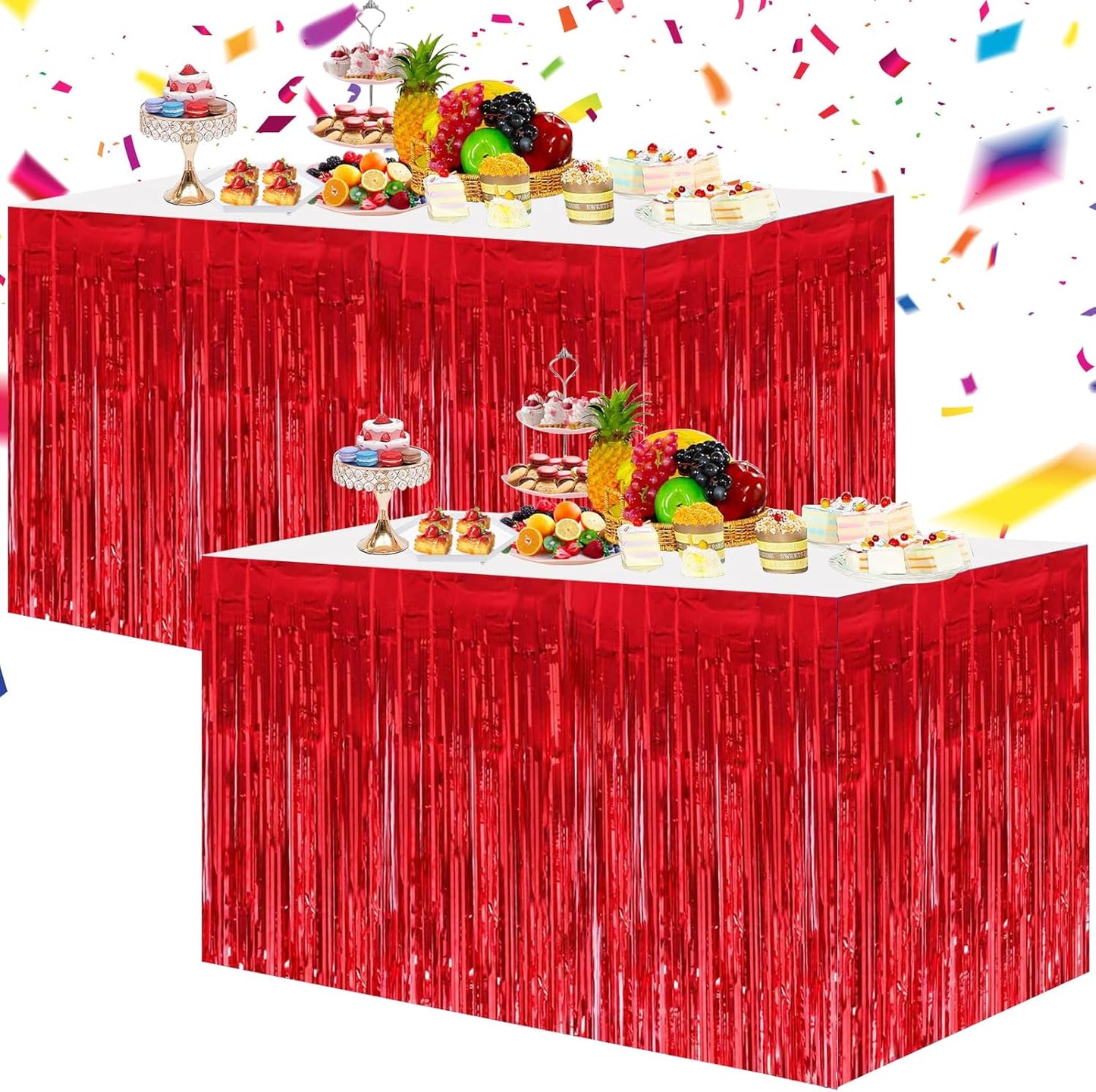 BEISHIDA 2 Pack Red Table Skirts Party Decorations Metallic Tinsel Foil Fringe Decors for Rectangle and Round Table Birthday Valentines Chinese New Year Graduation Congrats 2025 Party