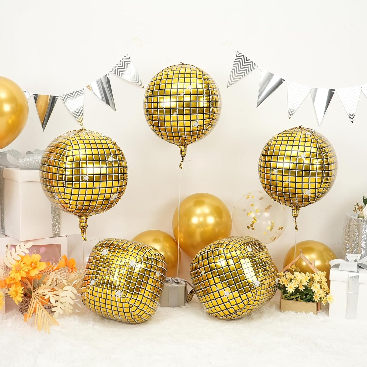 Disco Ball Balloons 4PC,Foil Disco Balloons 22 Inch 4D Round Metallic Gold Balloon for 70s 80s Birthday Bachelorette Graduation Gold Decorations