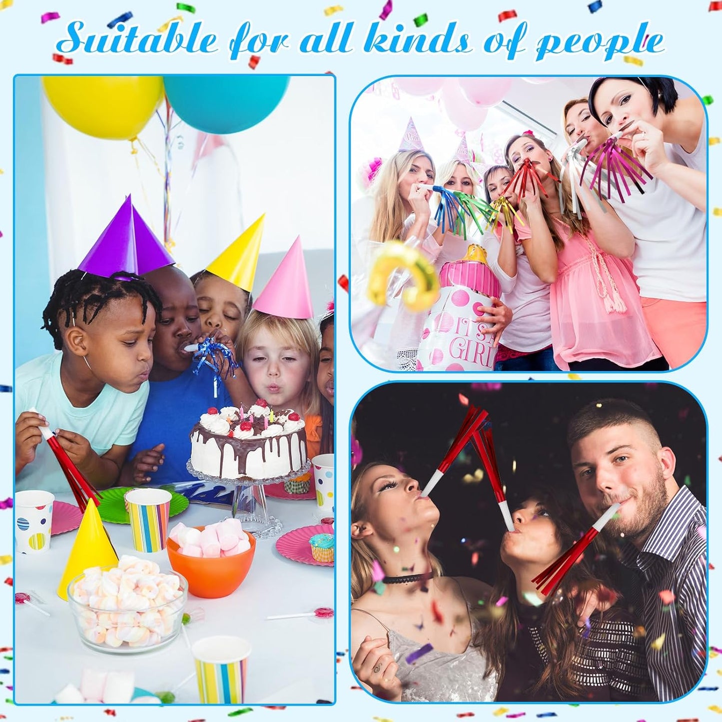 48 Pcs Noise Makers Glitter Metallic Fringed Noise Makers Horns for Baby Shower, Kids Birthday, New Year Party Favor - White Red