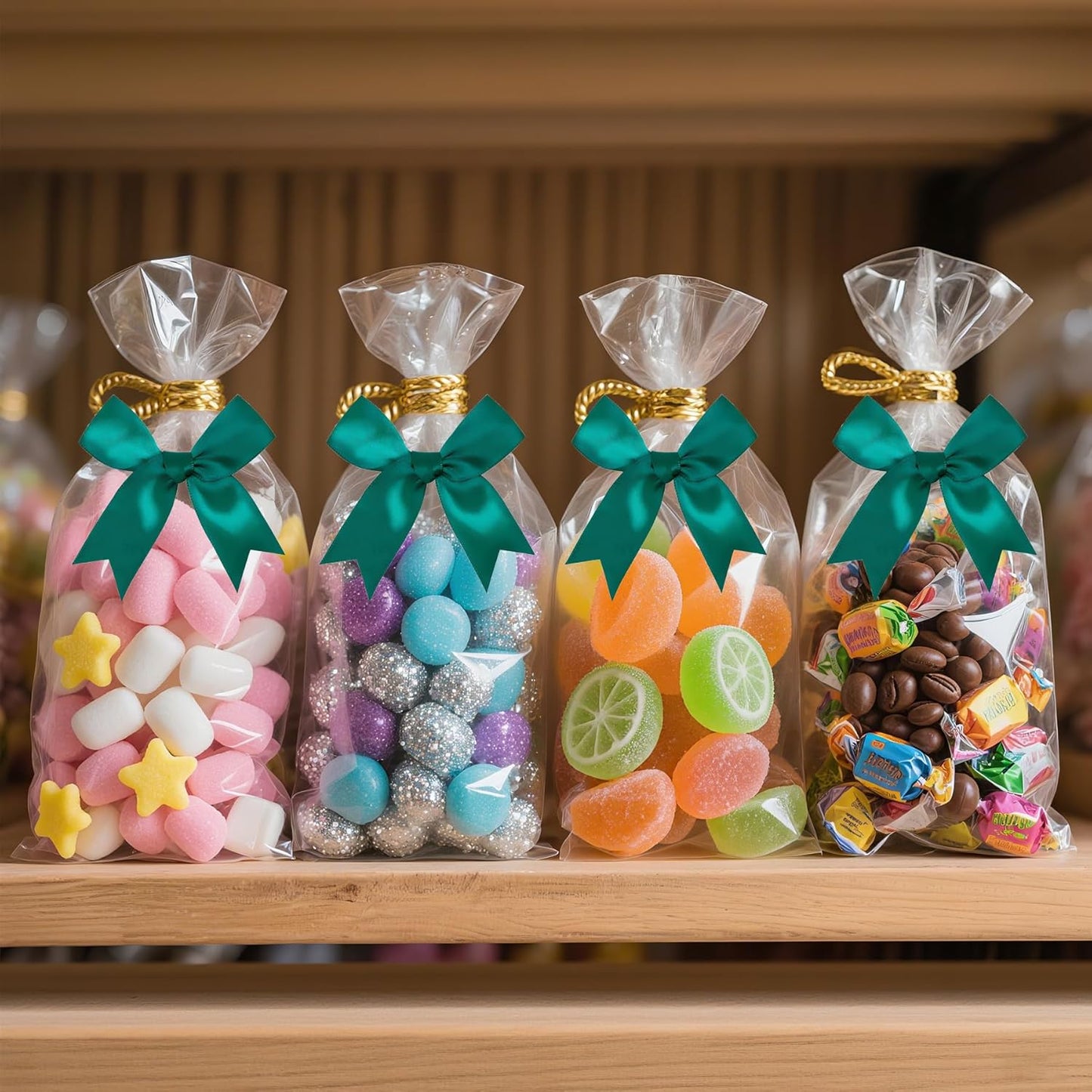 50 PCS Twist Tie Bows Satin Ribbon Bows 3.3 Inch Gift Wrap Bows Craft Bows for Gift Wrapping, Party Decorations Gifts Bag DIY Treat Bags Wedding Decor Baby Shower Christmas (Dark Green)