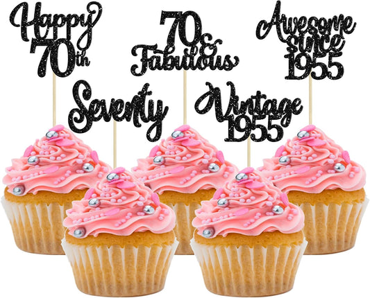 30Pcs Happy 70th Birthday Cupcake Toppers Glitter Seventy Vintage 1955 Cupcake Picks Cheers to 70 Fabulous Cake Decorations for 70th Birthday Wedding Anniversary Party Supplies Black