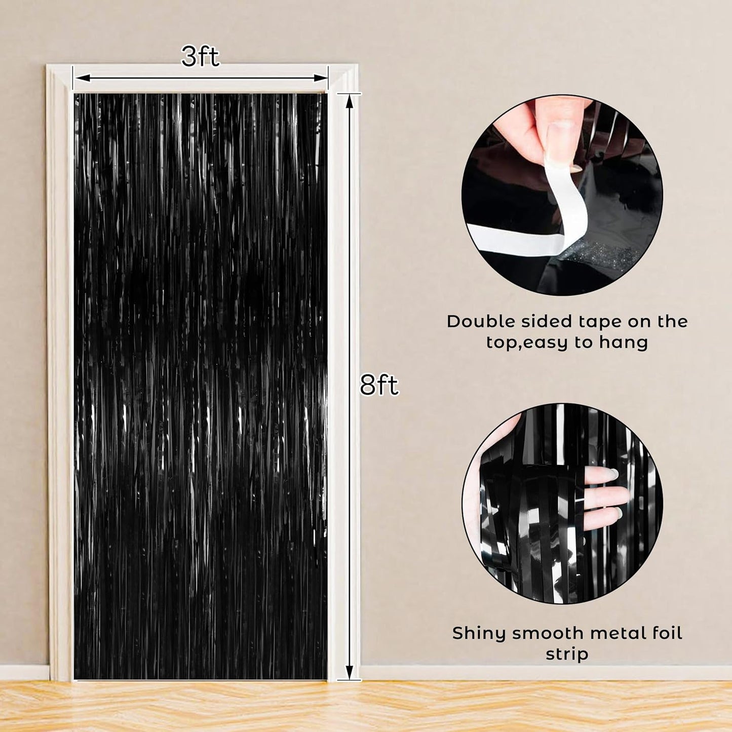 BTSD-home 4 Pack Black Foil Fringe Curtain Backdrop Metallic Photo Booth Backdrop Tinsel Curtains for Bachelorette Birthday Bridal Shower Party Decorations(3ft x 8ft)