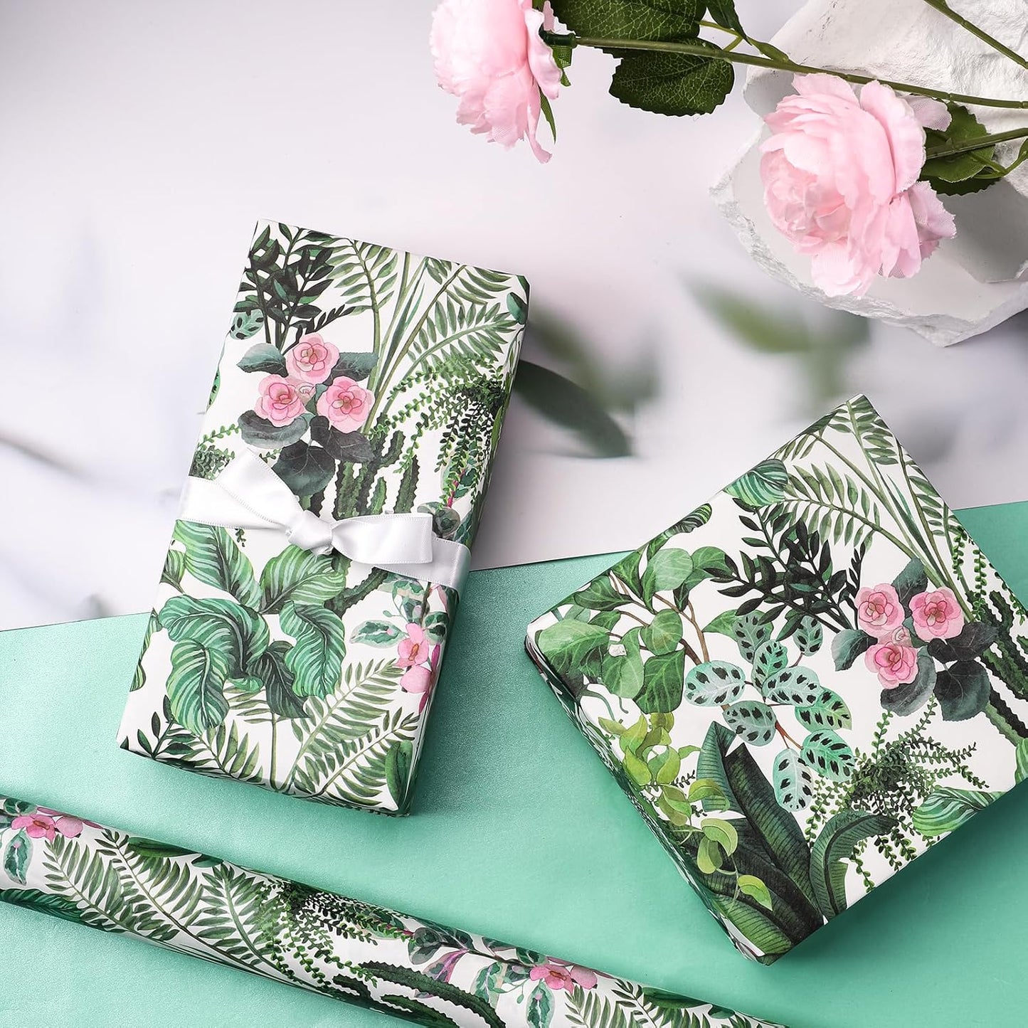 WRAPAHOLIC Kraft Wrapping Paper - Mini Roll - 17 Inch x 16.5 Feet - Green Plant Wrapping Paper for Wedding, Birthday, Bridal Shower, Tea Party, Drawer Liners, Home Closet Shelves