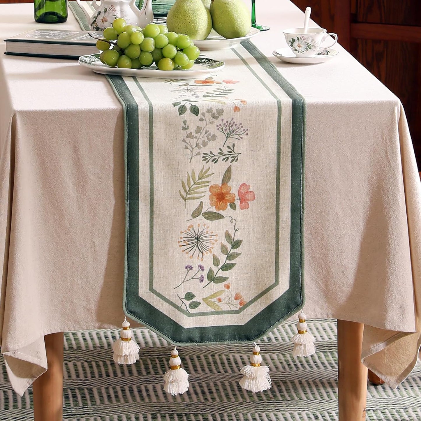 Designer Linen Table Runner,French Farmhouse Shabby Chic Floral Pattern 87 Inches Long Wrinkle Free Table Runners,Decor Tabletop for Kitchen,Dining,Party,Home,Christmas,12"*87"