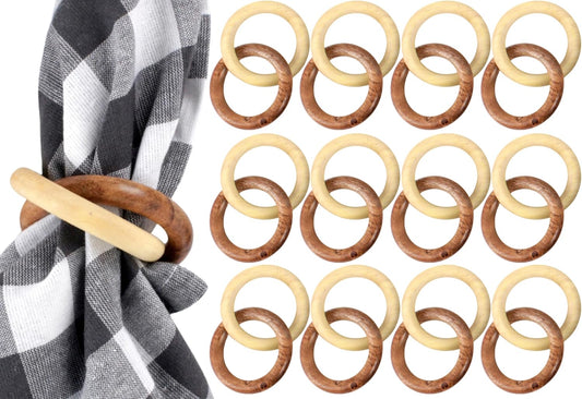 Farmhouse Napkin Ring Set of 12 - Wooden Napkin Holders for Dining Table, Everyday Use, Thanksgiving, Holiday, Christmas, Festive, Party, Gift, Décor (Shades of Brown) - CLEENTABLE