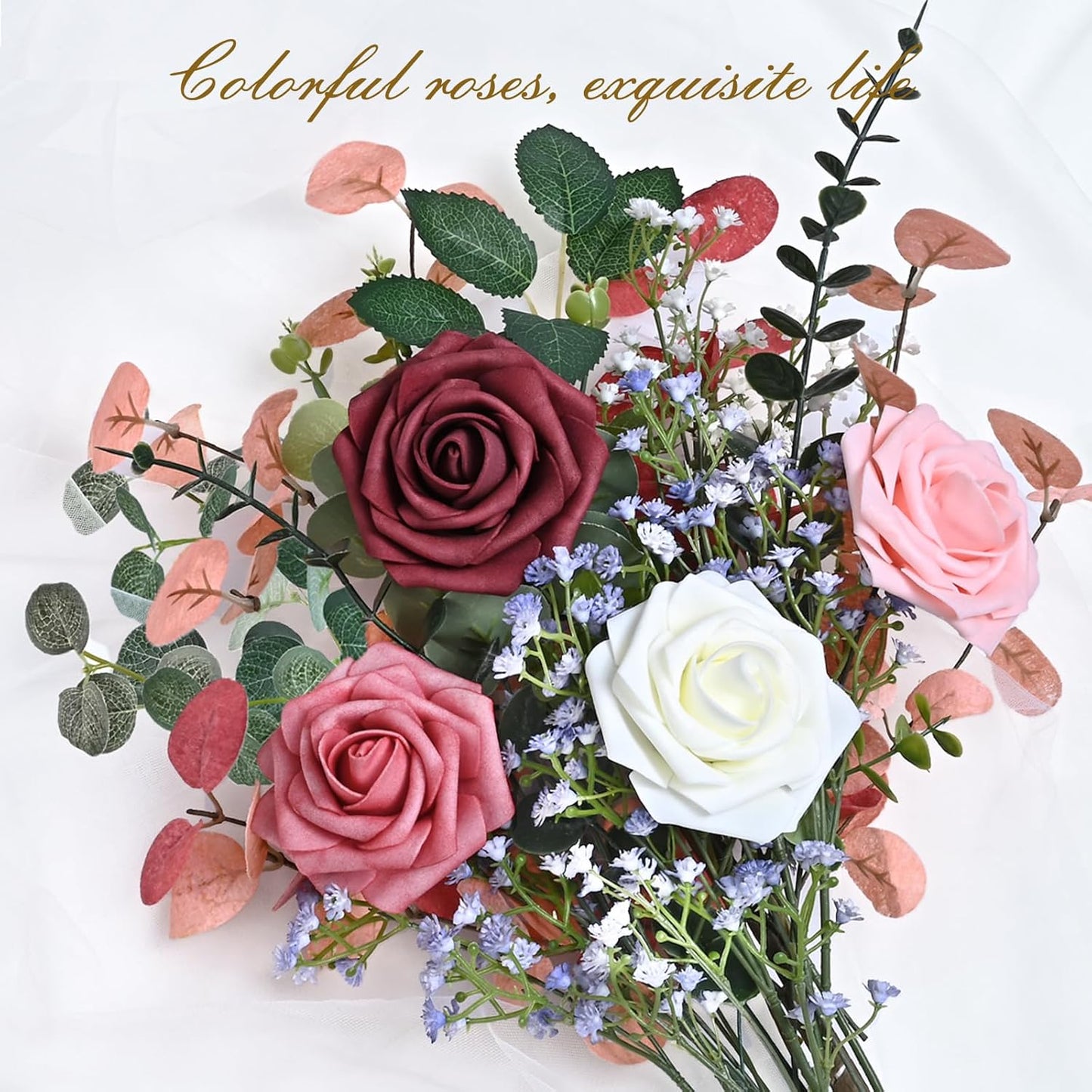 BLEUM CADE 36Pcs Artificial Flowers Fake Roses with Stems, Gradient Burgundy Boxed Foam Roses for DIY Bouquets Centerpieces Wedding Party Arrangement Bridal Shower Decor