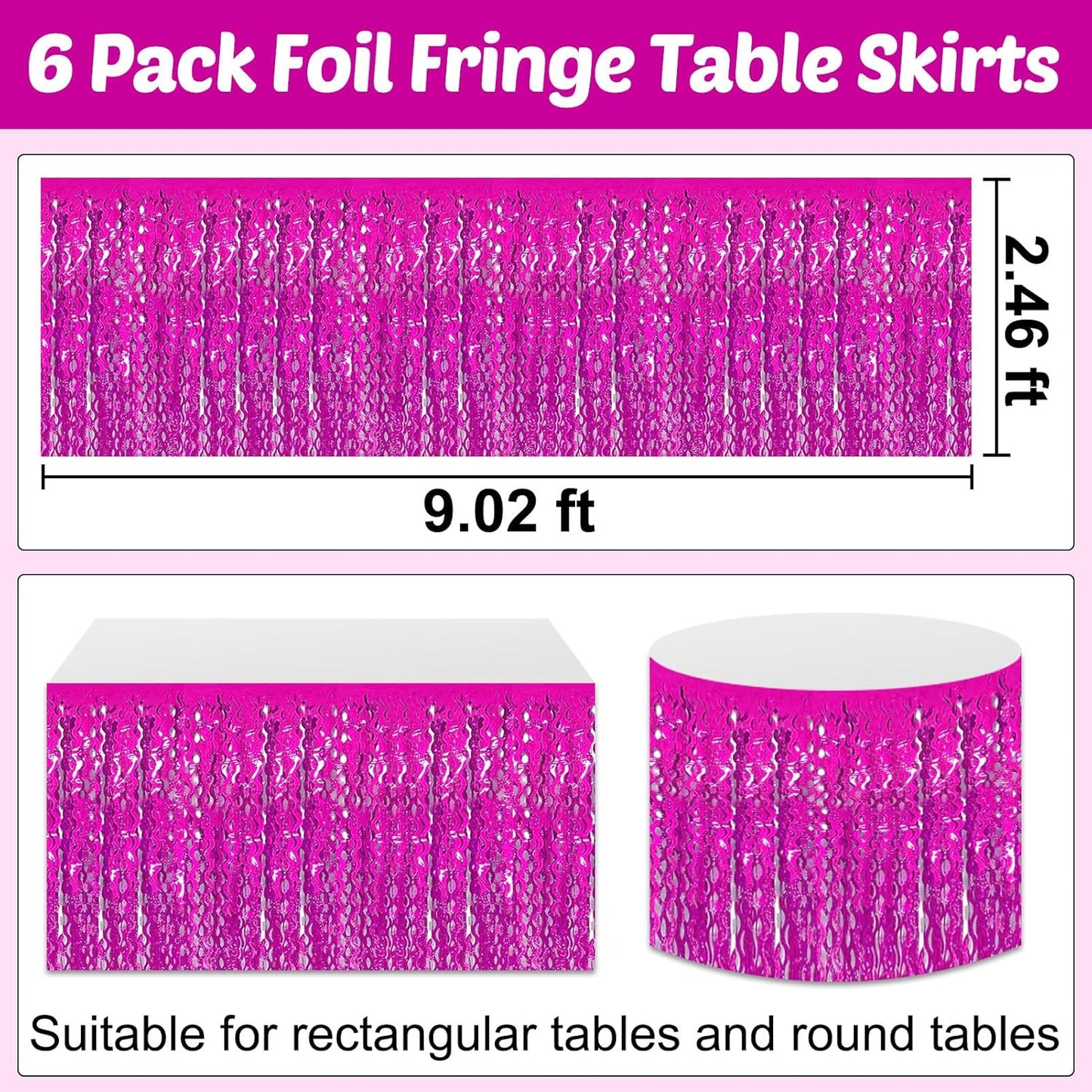 6 Pack 29x108 Inch Rose Red Wave Foil Fringe Table Skirts Metallic Banner for Tinsel Streamer Garland Backdrop for Parade Floats Mother's, Graduate, Mardi Gras, Birthday, Wedding Party Decorations