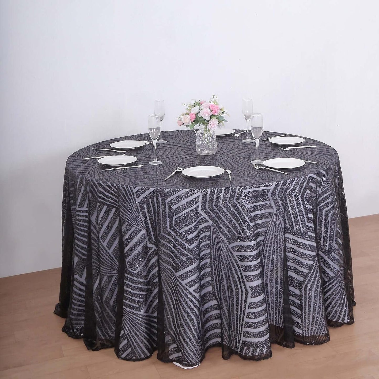 Efavormart 120" Black Sparkly Sequin Geometric Tulle Round Tablecloth