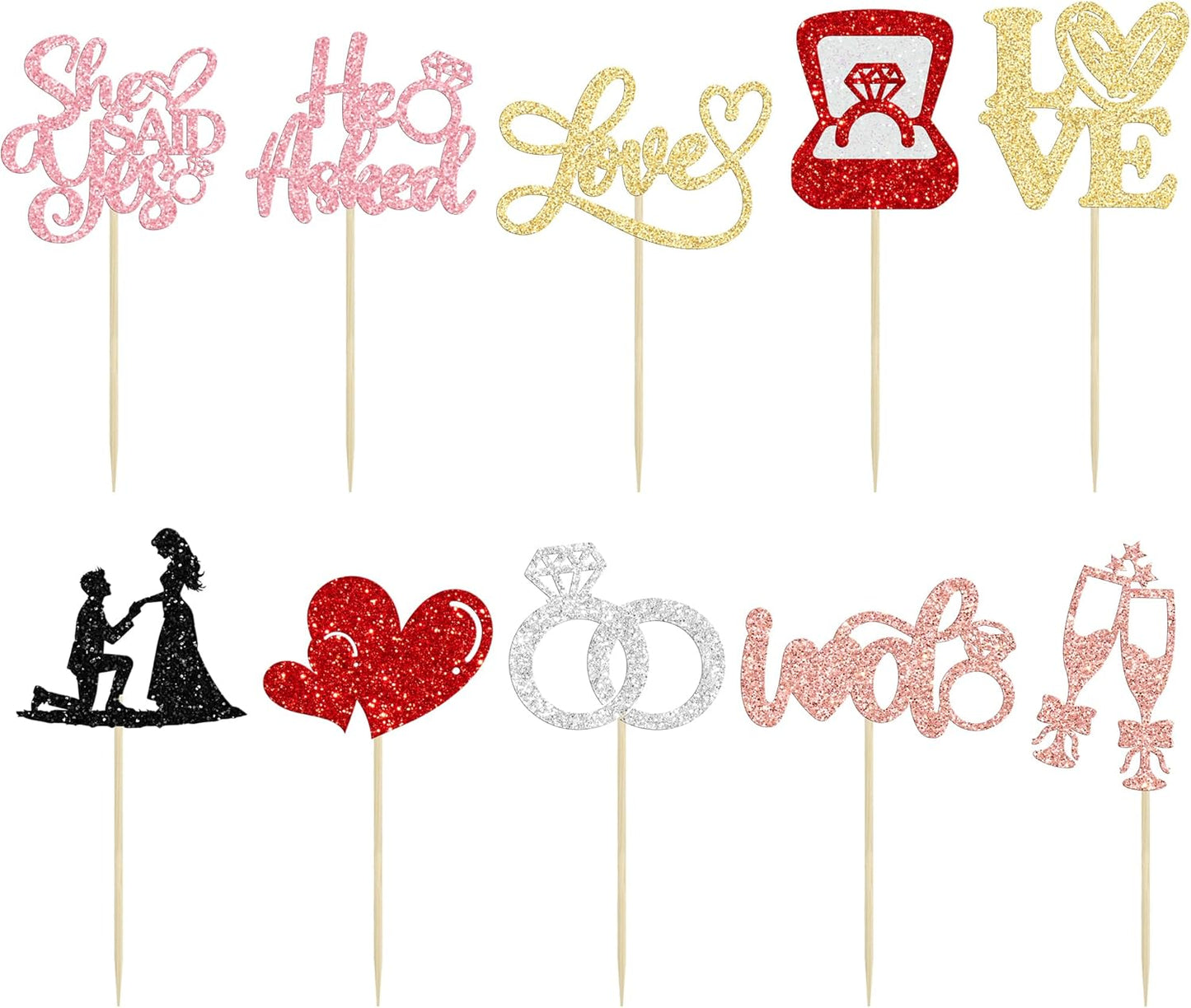 Ephlyn 30Pcs He Asked She Said Yes Cupcake Toppers Glitter Engagement Cupcake Toppers Diamond Ring Heart Love I Do Cupcake Picks for Engagement Wedding Party Cake Decorations Multicolor