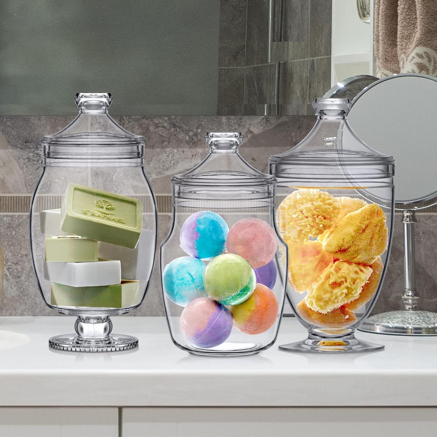 Amazing Abby - Keep - Acrylic Apothecary Jars (3-Piece Set), Plastic Jars with Lids, Bathroom Canisters, Vanity Organizers, Candy Buffet, Wedding Display, BPA-Free and Shatter-Proof (NOT Glass)