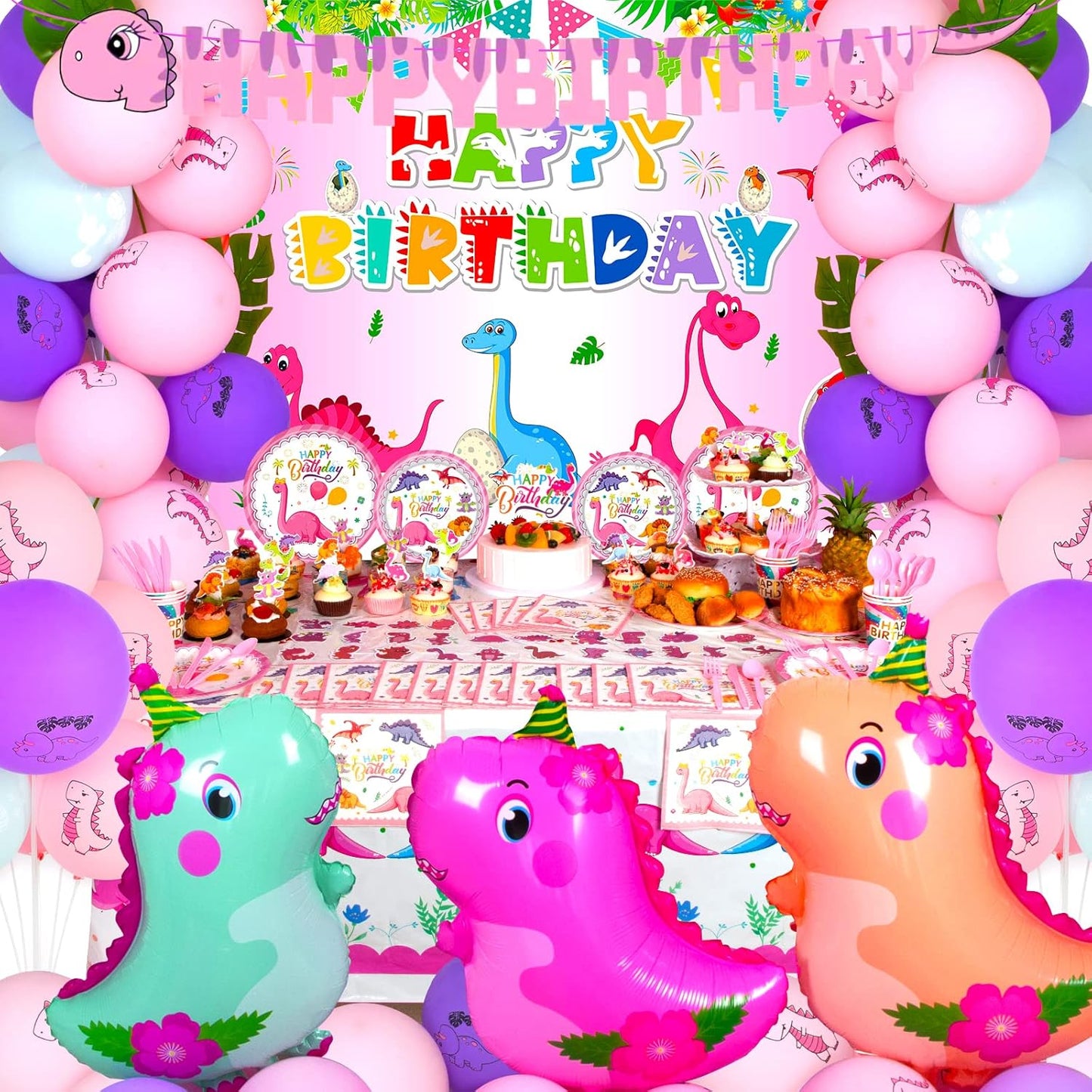 194 PCS Pink Dinosaur Party Decorations for Girls, Dinosaur Birthday Party Supplies Includes Dino Balloons, Backdrop, Happy Birthday Banner, Tablecloth, Plates, Napkins, Cake Toppers