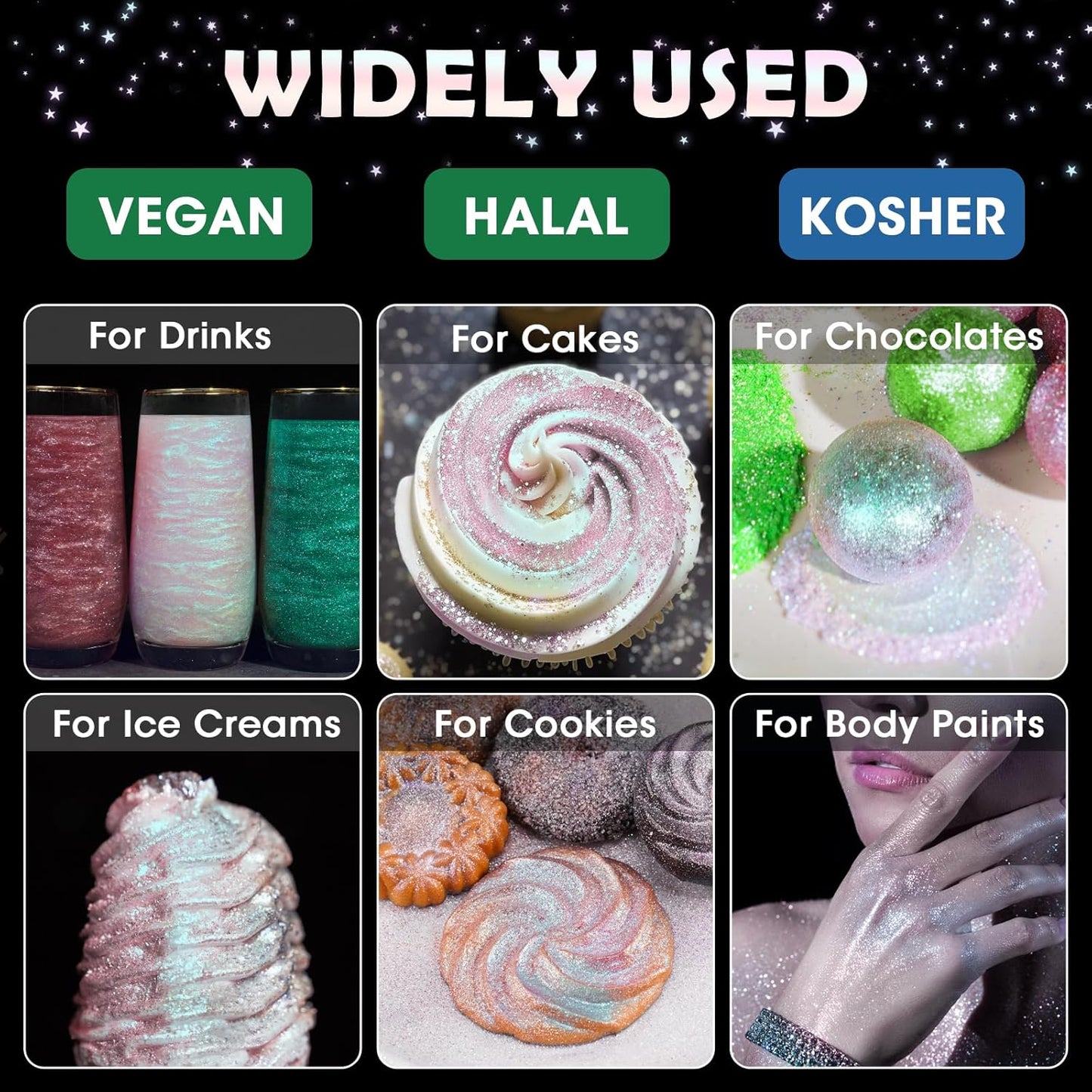 NiHome Edible Food-Grade Glitter Powder Glimmer Luster Dust Metallic Fancy Food Decorating Sprinkle Glimmery Dust for Drink Wine Beverage Cake Bakery Vegan Allergen-Free (Iridescent, 0.35oz/10g)