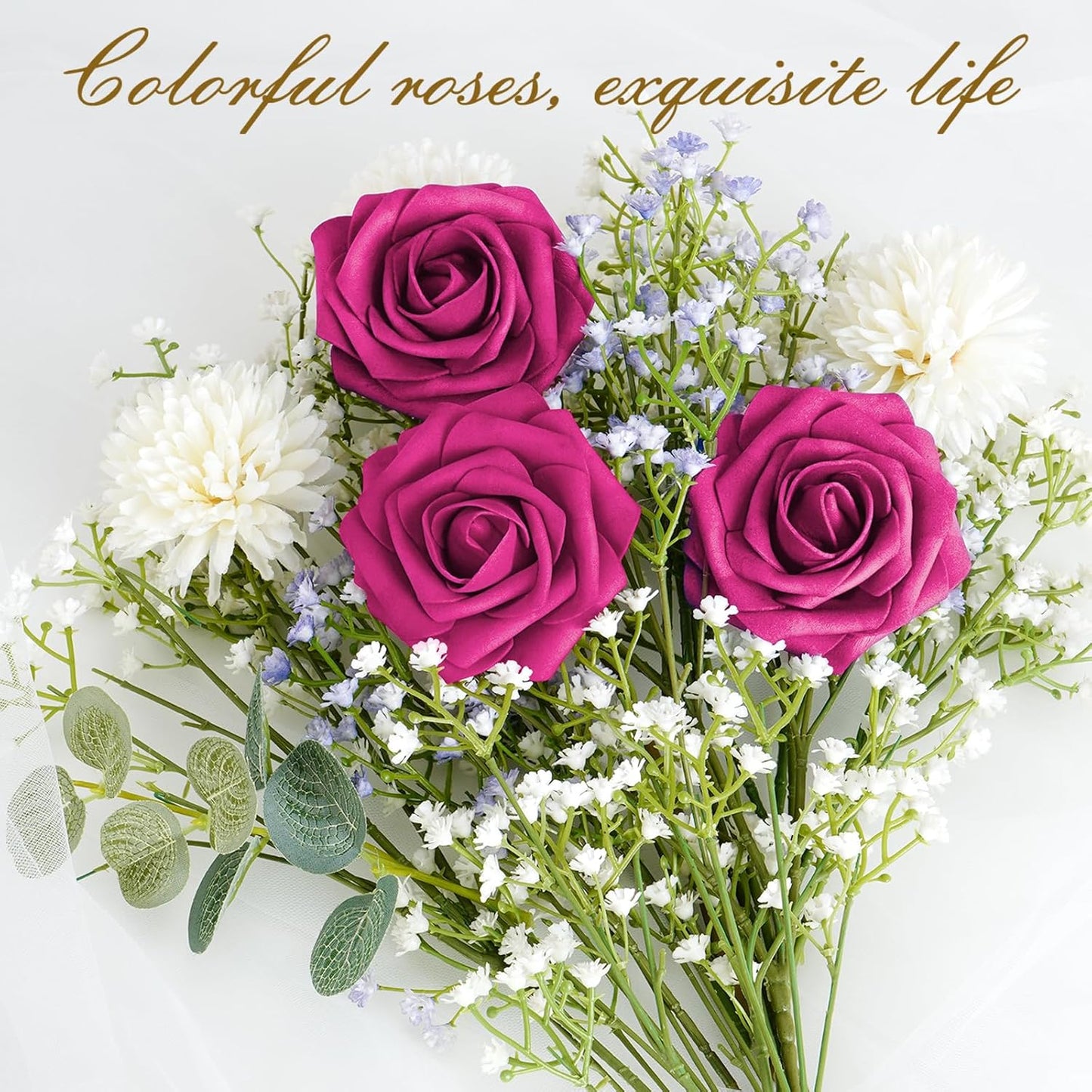 BLEUM CADE 16Pcs Artificial Flowers Fake Roses with Stems, Rose Red Boxed Foam Roses for DIY Bouquets Centerpieces Wedding Party Arrangement Bridal Shower Decor