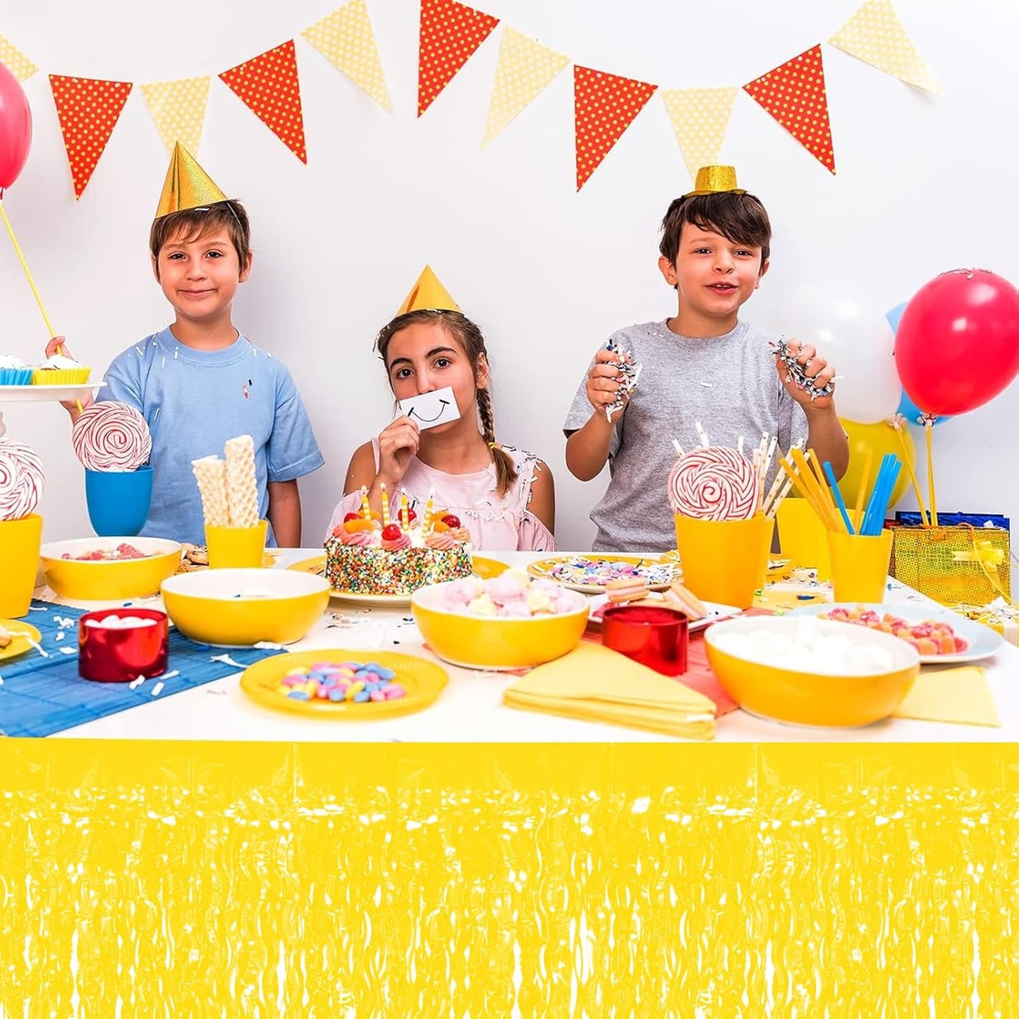 4P Wavy Metallic Tinsel Foil Fringe Table Skirts for Rectangle Tables Backdrop Garland Curtains for Parade Floats Wedding Birthday Parties Decoration Graduation 2025 Christmas (Makaron Yellow)