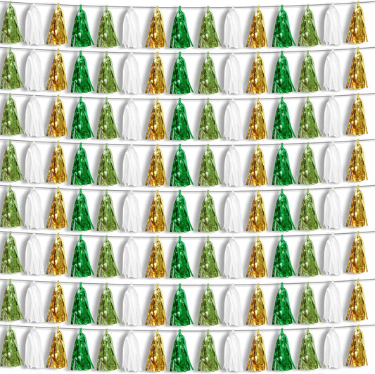 8P Sage-Green Beige-Mint Gold Foil Fringe Metallic Tassel Garland Banner, Tassels Banner Streamers for Parade Floats, Bachelorette, Wedding, Birthday, Christmas, Bridal/Baby Shower Party Decorations