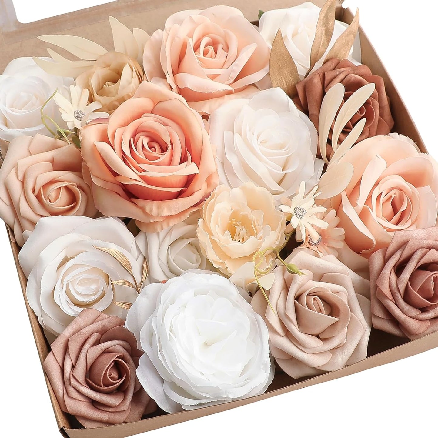 Floroom Morandi Peach Artificial Flowers Fake Roses Peonies and Greenery Combo Box Set for DIY Wedding Bouquets Bridal Shower Centerpieces Floral Arrangements Party Tables Home Decorations