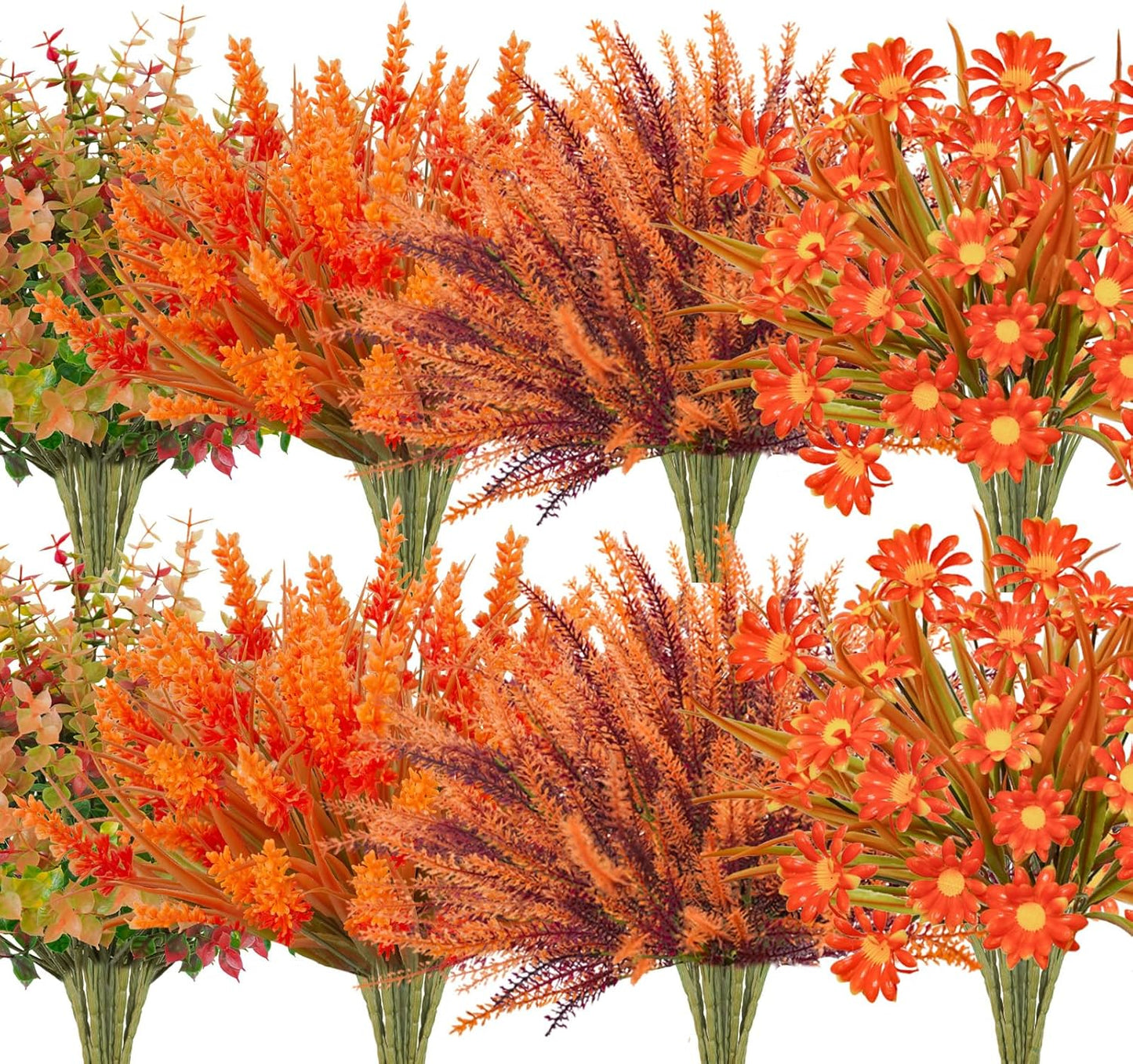 64 Pcs Outdoor Fall Flowers UV Resistant Faux Fall Plants with Fall Daisy Eucalyptus Lavender Artificial Autumn Flowers Greenery for Outside Home Porch Patio Thanksgiving Decoration