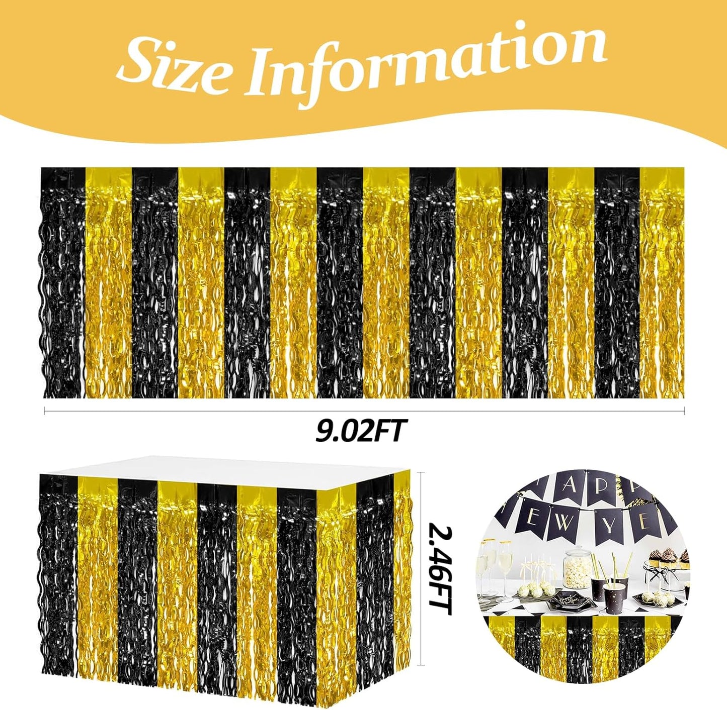 4P Wavy Metallic Tinsel Foil Fringe Table Skirts for Rectangle Tables Backdrop Garland Curtains for Parade Floats Wedding Birthday Parties Decoration Graduation 2025 Christmas (Black Gold)
